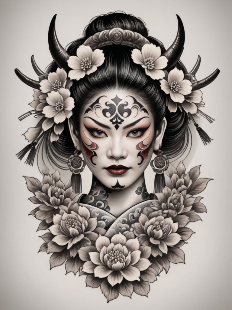 tattoo, tattoo style, (monochrome:1.5) depiction of a woman with intricate details. She has a traditional Japanese hairstyle adorned with flowers and wears a menacing oni (demon) mask partially covering her face. She holds a decorative fan with floral patterns, and her attire includes elaborate elements like tassels and ornate designs. <lora:SDG-Tattoo-Lora-SDXL:1>