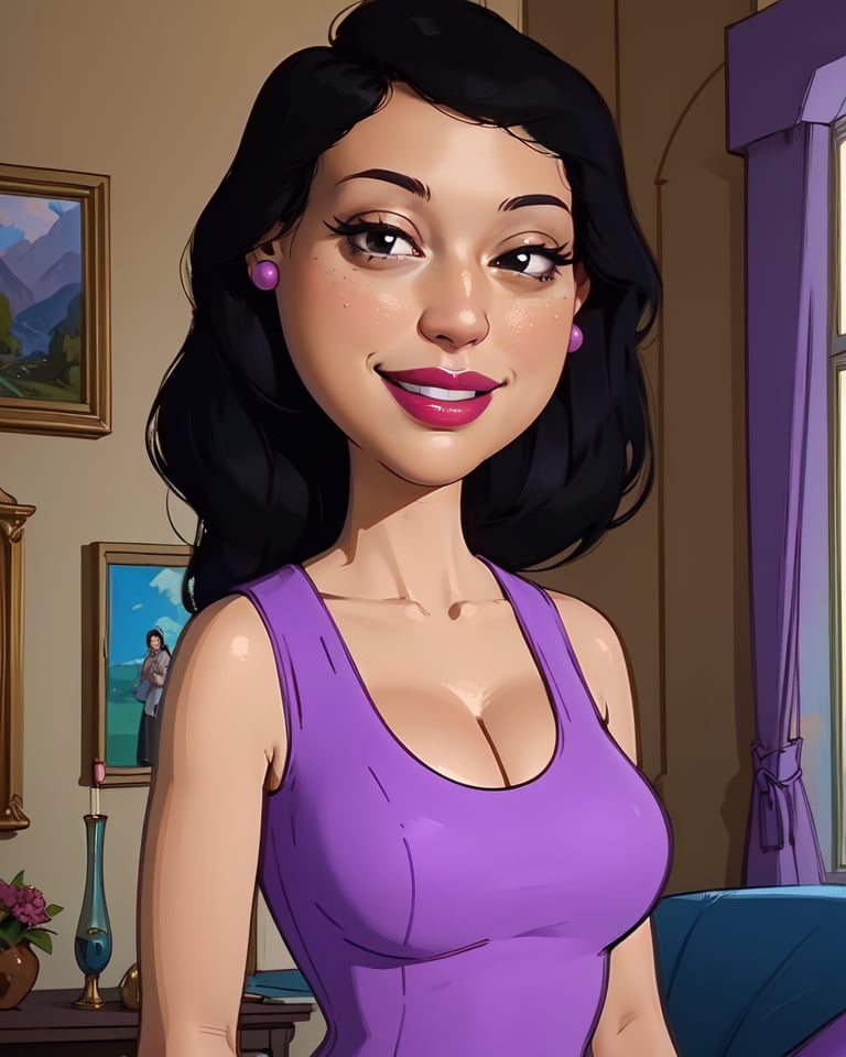 bonnie,black hair,black eyes,lipstick,small round earrings,purple dress,cleavage,smile,standing,upper body,living room,(insanely detailed, beautiful detailed face, masterpiece,best quality),<lora:Bonnie:0.4>,