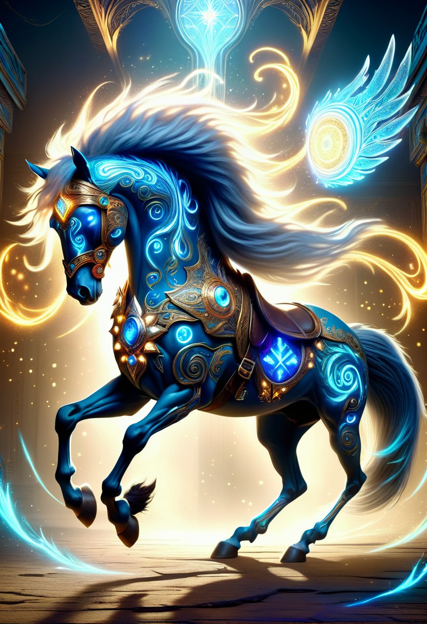 hyper detailed masterpiece,DonMMy51ic4lXL, wisp, large mythical creature, humanoid upper body, horse lower body, muscular strong physique, human like arms and torso, equine features, hooves, flowing tail, wild untamed mane of hair, weapons, dynamic, running pose, benevolent, healthy  , runes <lora:DonMMy51ic4lXL-v1.1-000006:0.8>