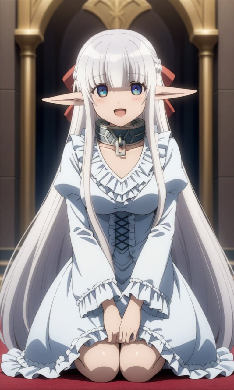 (masterpiece, best quality, very aesthetic, ultra detailed, many details), 1girl, nephiliaxl, pointy ears, blue eyes, long hair, white dress, white hair, elf, long sleeves, collar, frills, blunt bangs, braid, very long hair, wide sleeves, hair ribbon, juliet sleeves, frilled dress, seiza, looking at viewer, :D, smile, throne room, indoors<lora:EMS-349075-EMS:1.000000>, <lora:EMS-335216-EMS:0.700000>