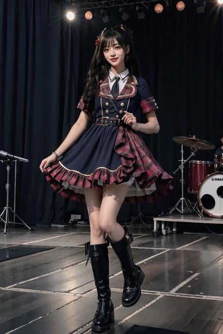 realistic, photorealistic, masterpiece, incredibly absurdres, extremely detailed, best quality, idol_costume, knee boots, 1girl, solo, idol, full body, long black hair, twintails, standing, stage in the backgorund, stage lighting, stage spotlight, detailed background, audience, holding microphone, singing, <lora:idol_costume_style5_v1:0.7>