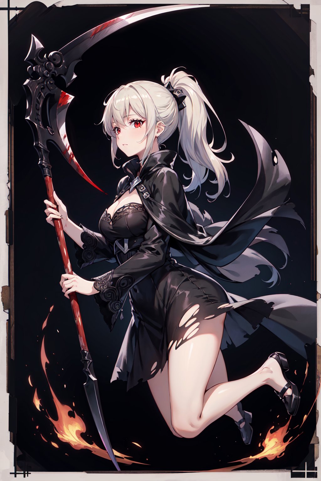 best quality, highres, absurdres, full body, (ultra-detailed:1.1025), ), little girl, patent drawings, dark theme, 1girl, silver hair, high ponytail, red eyes, reflection, night, from side, action, jumping, cold, blonde hair, bare legs, torn clothes, gradient background, ash, flying ash, dust, stationery, (, solo, ), cohesive background, (, character sheet, ), thin, full body, long dress, flying, scythe, big scythe, black fire, black flame, white flame, cold, ice, gothic, scythe, big scythe, monster, huge weapon, weapon, (, (best quality), ), (, (masterpiece), ), (, (ultra-detailed), ), (, illustration, ), (, detailed light, ), (, an extremely delicate and beautiful, ), (, (a beautiful girl:1.4), ), (, (cowboy shot), ), (, (standding), incredibly_absurdres, wallpaper, highres, artbook, death, ((Death Scythe)), Scythe, cloak, black background, bone, Monster, saint-like, Frightening, Perfect weapon, Death, Death, Death darksouls, blood stain, bloodborne, dark, (masterpiece), (best quality), (super delicate), (best illustration), (an extremely delicate and beautiful), (intricate detail), (depth of field), (extremely detailed), extremely detailed, 32K UHD, absurdres, super-resolution, Canon EOS MARK IV Best_QualityPos CS-RBW HenHelperPos