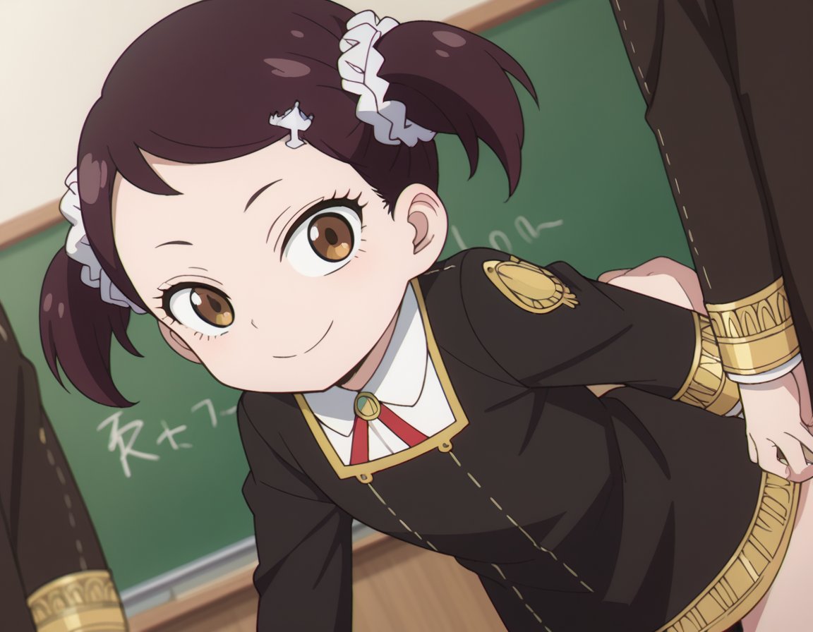 score_9, score_8_up, score_7_up, source_anime,beckyblackbell, <lora:becky-blackbell-s1-ponyxl-lora-nochekaiser:1>becky blackbell, black hair, hair ornament, twintails, hairclip, scrunchie, hair scrunchie, brown eyes,long sleeves, dress, school uniform, socks, black dress, eden academy school uniform,indoors, classroom, smile, bent over,looking at viewer, dutch angle, cowboy shot