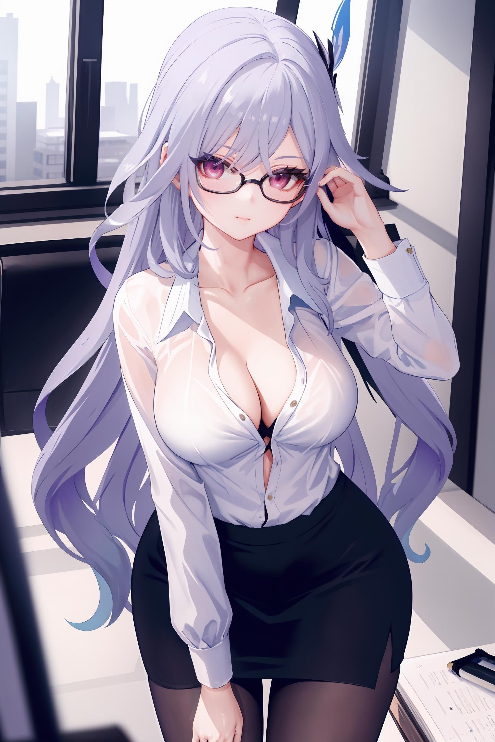 1girl, skirk \(genshin impact\), solo, office lady, white collared shirt, pencil skirt, pantyhose, glasses, glaring, looking at viewer, hand on eyewear, office, indoors, depth of field, masterpiece