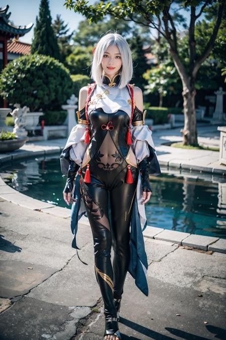 best quality, masterpiece, photorealistic, 1girl, solo, arms at side, full body, looking at viewer, closed mouth, hair between eyes, expressionless, shenhe cosplay costume, cosplay, white hair, black bodysuit, breast curtain, shoulder cutout, partially fingerless gloves, hip vent, tassel, toeless footwear, hair ornament, outdoors, chinese garden, tree, flower, <lora:genshin_Shenhe_cosplay_v1:0.7>