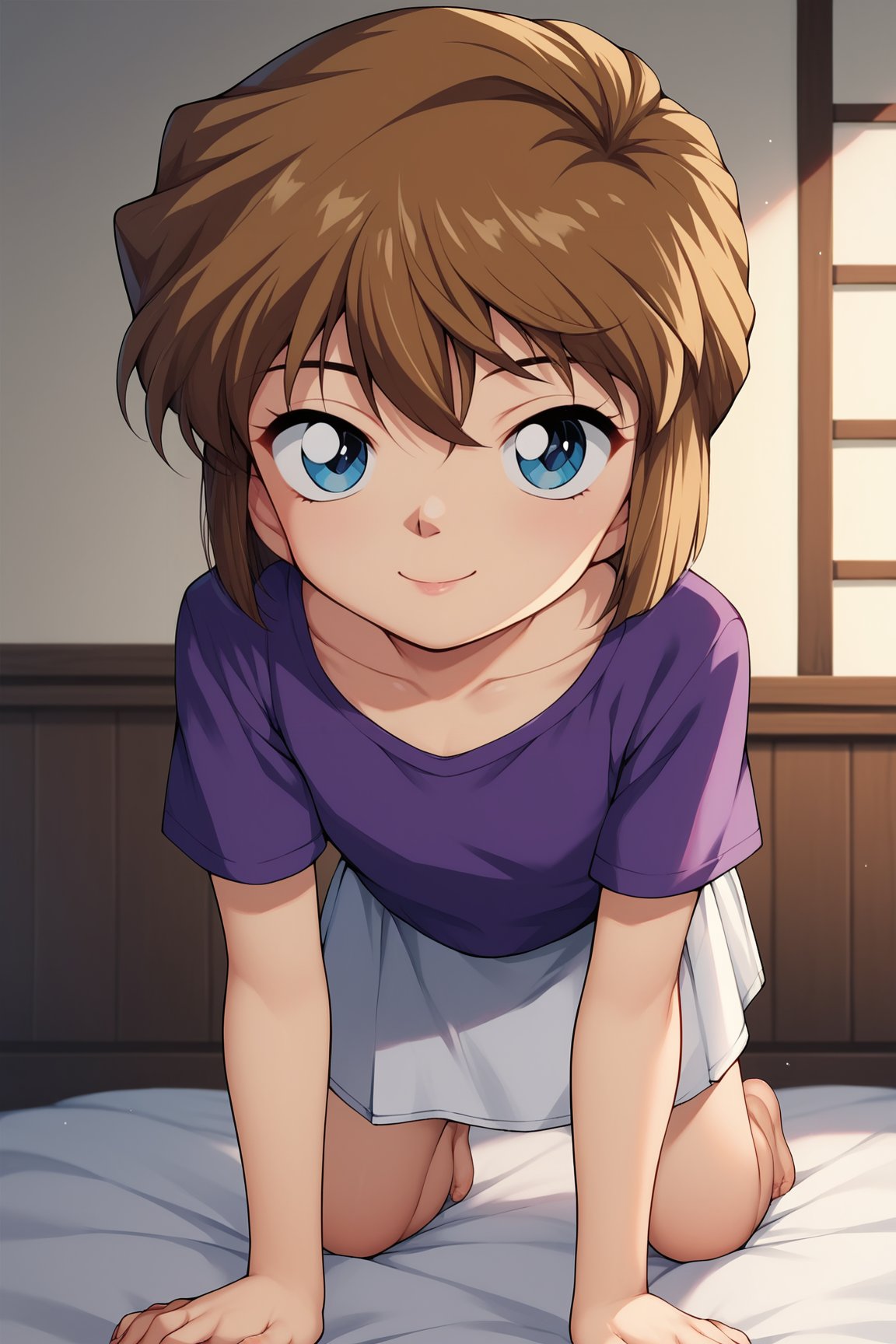 score_9, score_8_up, score_7_up, score_6_up, score_5_up, score_4_up, AiHaibaraDCXL, child, retro artstyle, big eyes, blue eyes, brown hair, hair between eyes, short hair, flat chest, collarbone, purple shirt, short sleeves, white skirt, solo, all fours, seductive smile, looking at viewer, indoors <lora:AiHaibaraDCXL:0.8>