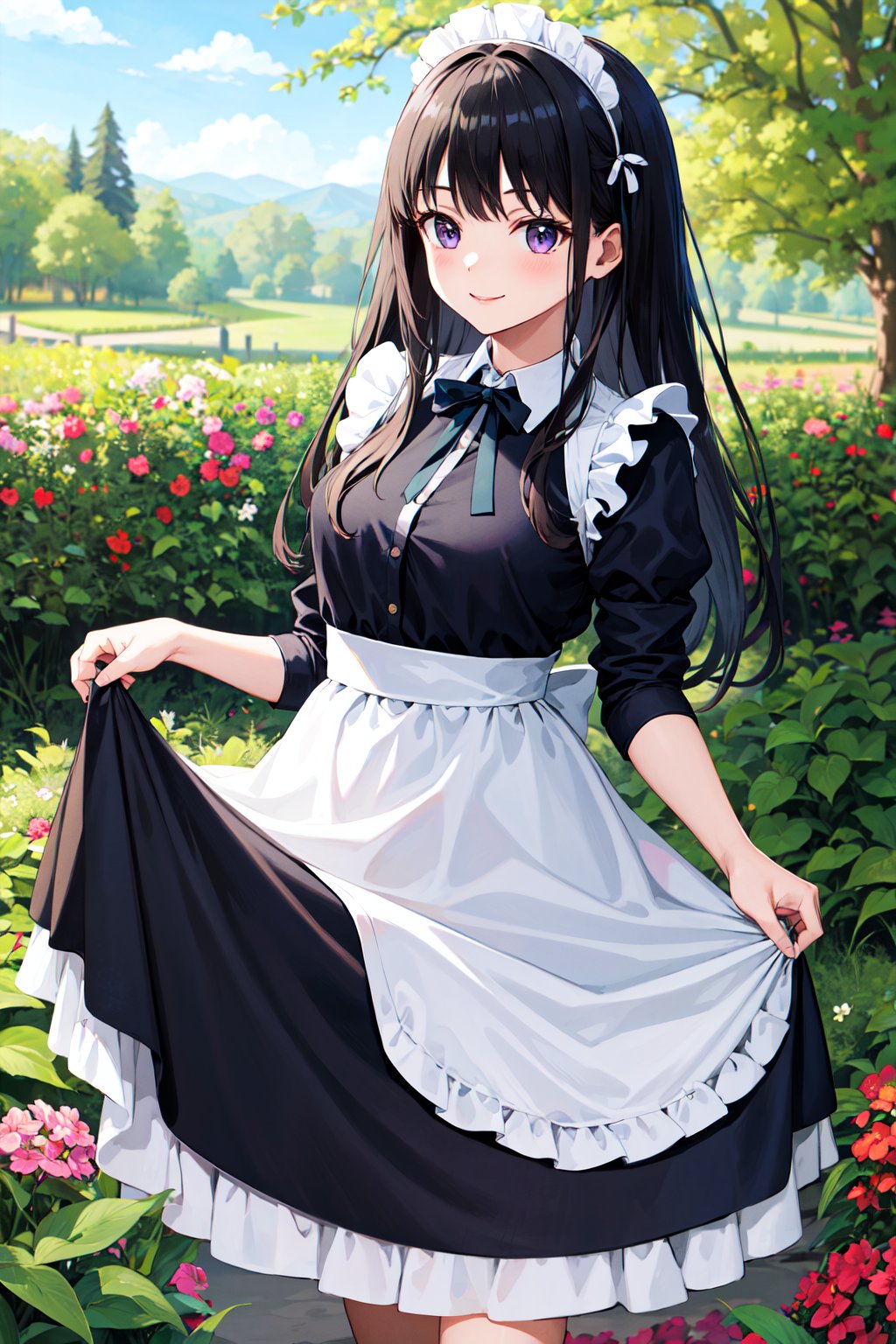 masterpiece, best quality, highres, aatakina, long hair, black hair, <lora:inoue_takina_v1:0.7>, maid, maid headdress, smile, skirt hold, garden,