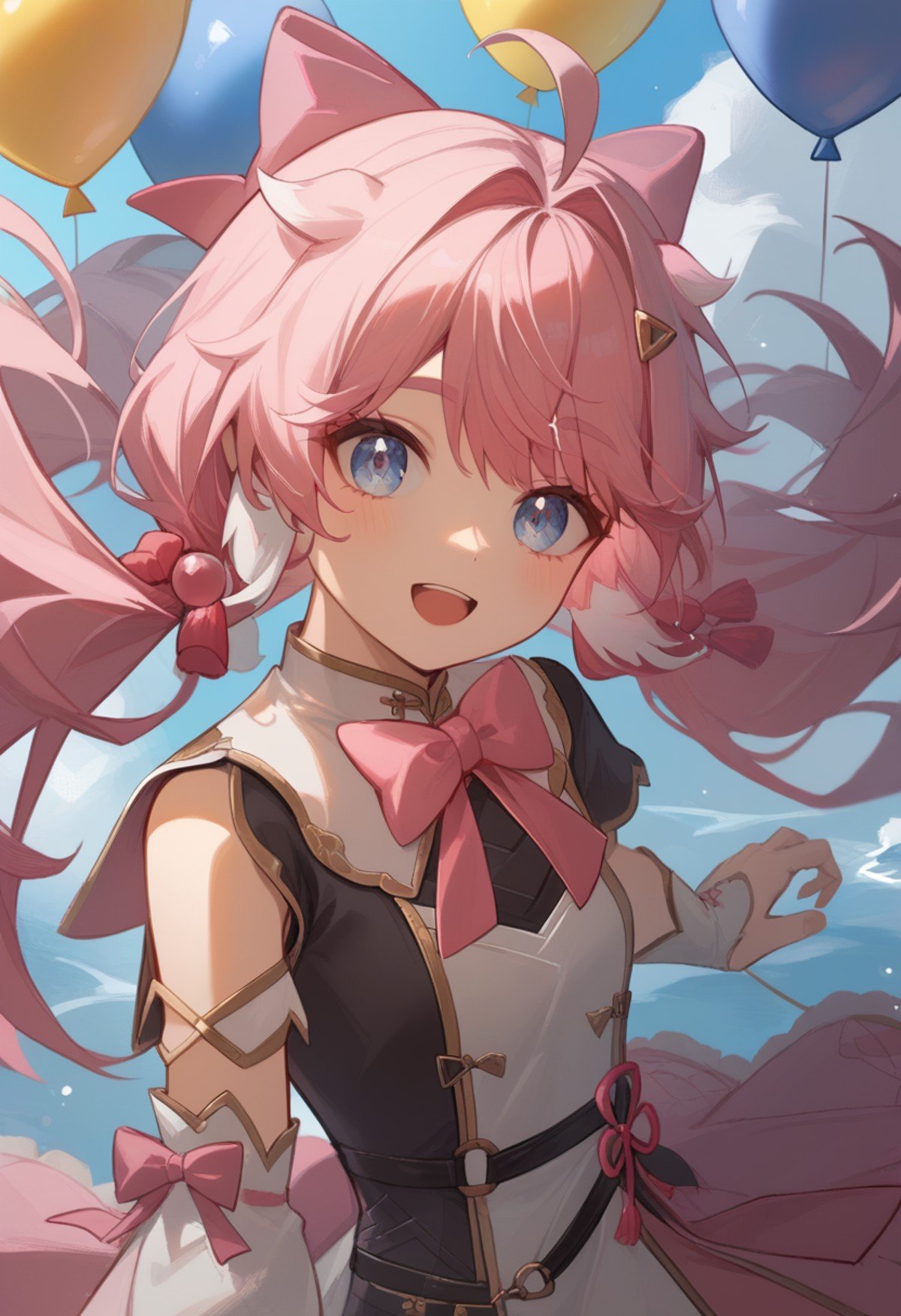 score_9,score_8_up,score_7_up,<lora:encore_(wuthering_waves):1>,encore_(wuthering_waves), 1girl, pink_hair, solo, long_hair, blue_eyes, looking_at_viewer, open_mouth, hair_bow, ahoge, balloon, hair_intakes, upper_body, hair_ornament, virtual_youtuber, pink_bowtie, :d, detached_sleeves, twintails, floating_hair, dress, short_sleeves
