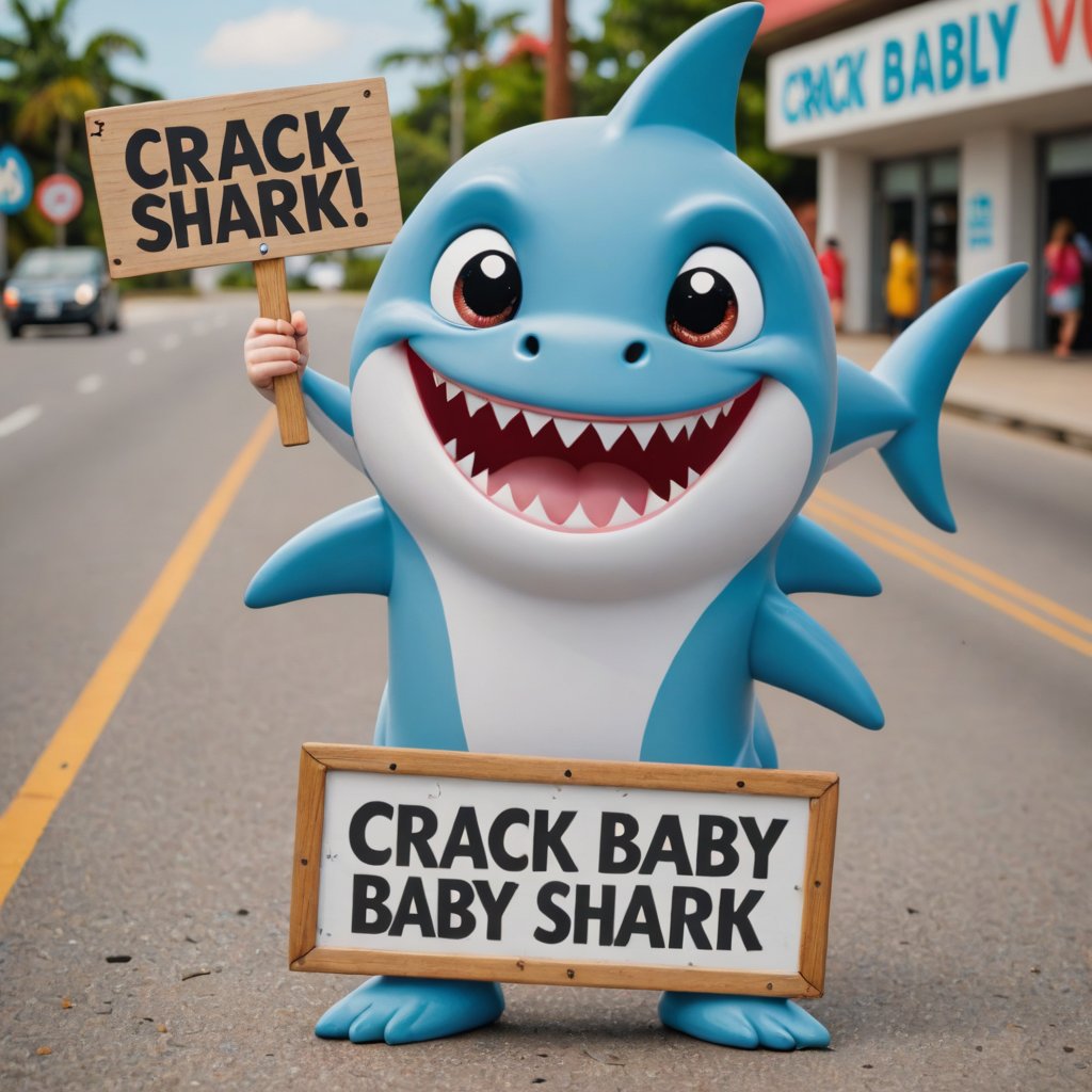 Photo of crack baby shark with a sign saying "crack baby shark"