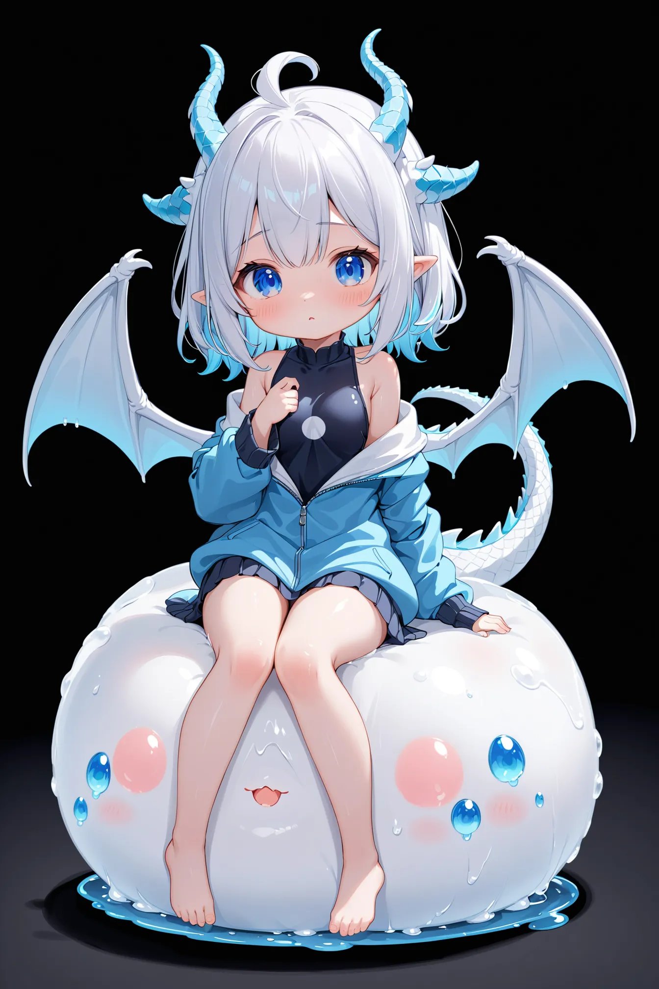 little cute mochi mochi white slime dragon girl, round body, sitting, best quality, very aesthetic, (miniature:1.5)