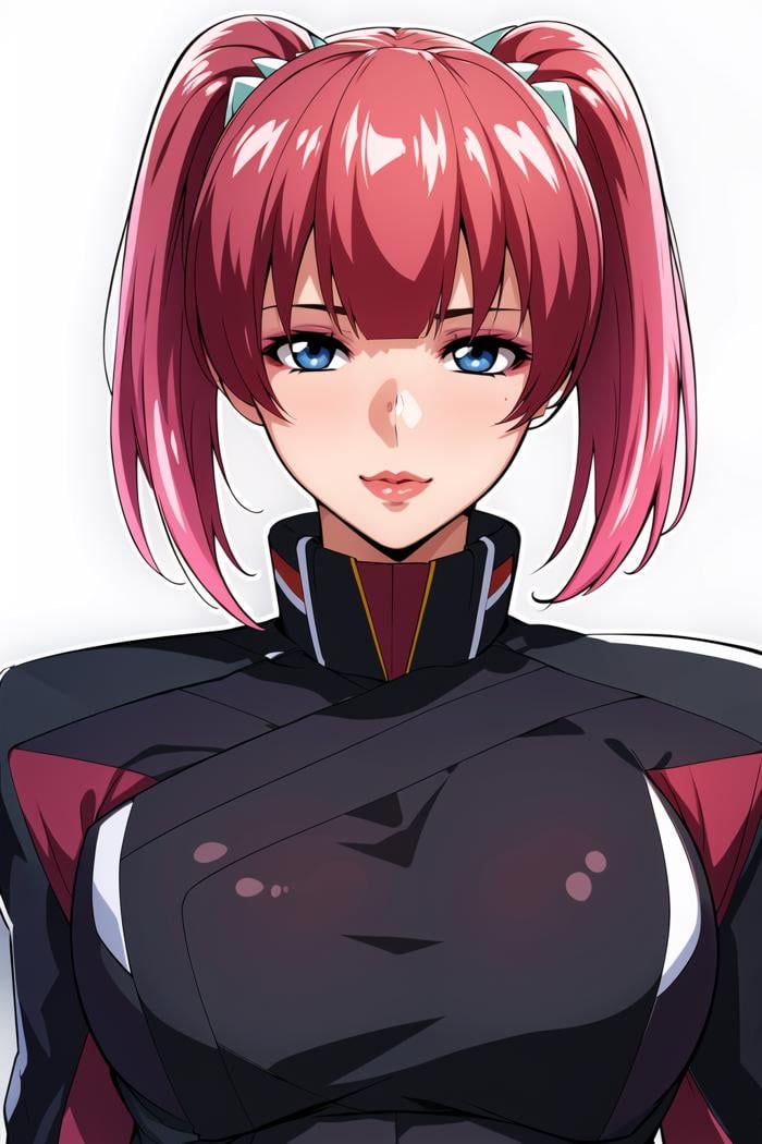 Simple White Background,dynamic pose,standing at attention,military, military uniform, long sleeves, turtleneck, miniskirt, red jacket, black shirt,<lora:Agnes_Giebenrath_SeedFreedom-KK77-V1:0.7>,blue eyes, pink hair,bangs,short hair,hair ornament,red lipstick,twintails,<lora:Oda_Non_Style-KK77-V2:0.3>,<lora:more_details:0.1>,1 girl, 20yo,Young female,Beautiful long legs,Beautiful body,Beautiful Nose,Beautiful character design, perfect eyes, perfect face,expressive eyes,perfect balance,looking at viewer,(Focus on her face),closed mouth, (innocent_big_eyes:1.0),(Light_Smile:0.3),official art,extremely detailed CG unity 8k wallpaper, perfect lighting,Colorful, Bright_Front_face_Lighting,White skin,(masterpiece:1.0),(best_quality:1.0), ultra high res,4K,ultra-detailed,photography, 8K, HDR, highres, absurdres:1.2, Kodak portra 400, film grain, blurry background, bokeh:1.2, lens flare, (vibrant_color:1.2),professional photograph,(Beautiful,large_Breasts:1.4), (beautiful_face:1.5),(narrow_waist), 