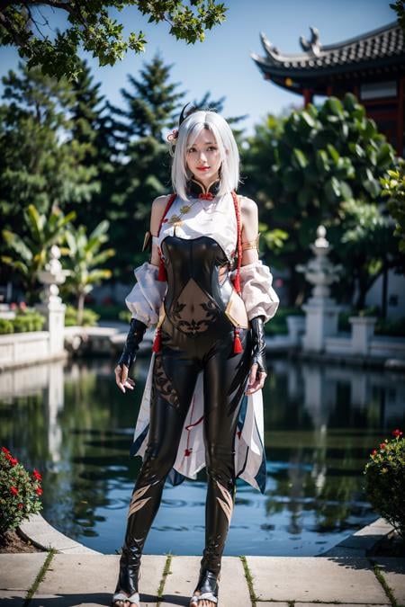 best quality, masterpiece, photorealistic, 1girl, solo, arms at side, full body, looking at viewer, closed mouth, hair between eyes, expressionless, shenhe cosplay costume, cosplay, white hair, black bodysuit, breast curtain, shoulder cutout, partially fingerless gloves, hip vent, tassel, toeless footwear, hair ornament, outdoors, chinese garden, tree, flower, <lora:genshin_Shenhe_cosplay_v1:0.7>