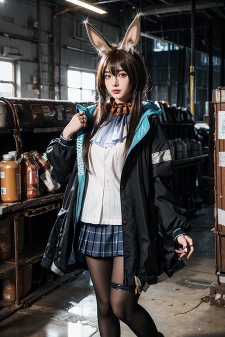 best quality,masterpiece,realistic,photorealistic,1girl,solo,looking at viewer,standing,cowboy shot,amiya cosplay costume,amiya,arknights,cosplay,long hair,brown hair,hair between eyes,rabbit ears,shirt,plaid skirt,pleated skirt,hooded jacket,coat,long sleeves,clothes writing,frilled ascot,anklet,thighlet,multiple rings,pantyhose,black pantyhose,ruins,factory ruins,factory,dark,(factory interior background:1.5),<lora:Arknights_Amiya_cosplay_v1:0.7>,<lora:add_detail:0.6>,<lora:Background_Detail_v3:1.5>,