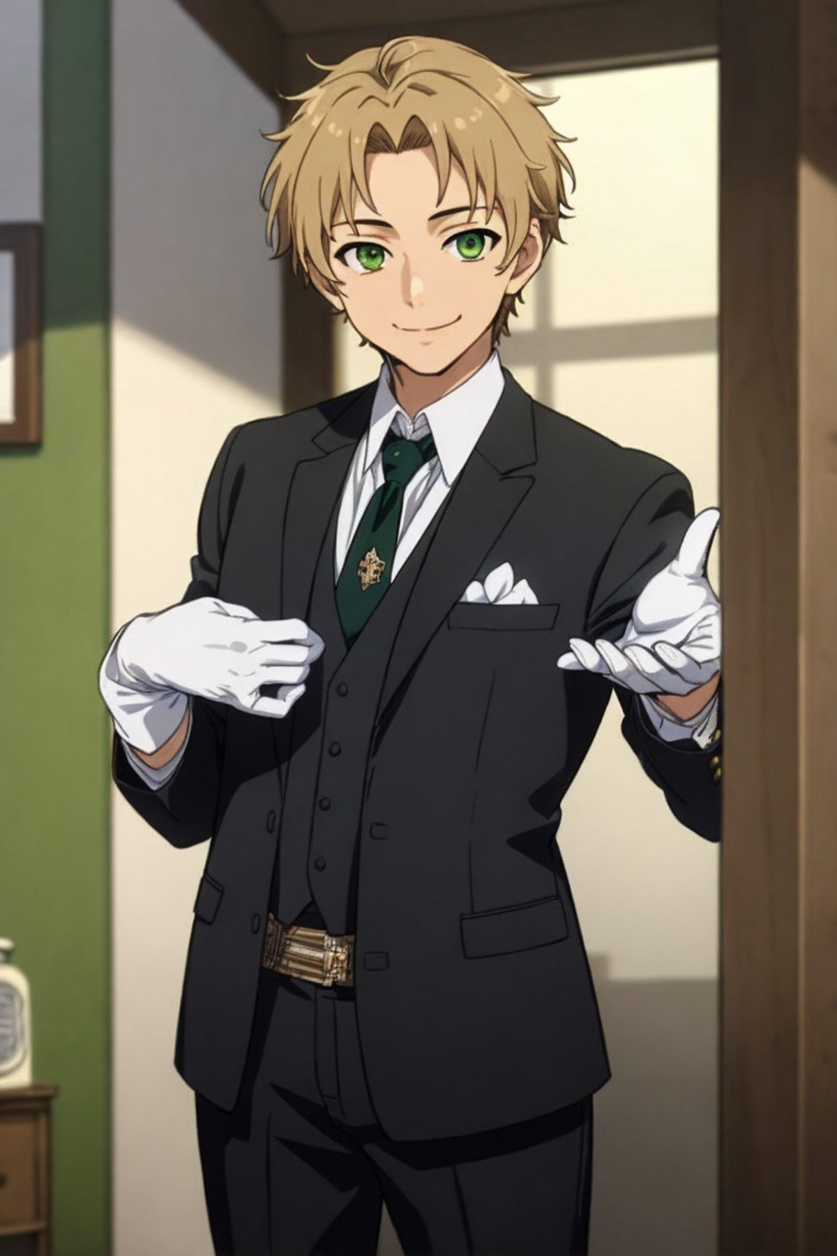 masterpiece, 1boy, mature male, cowboy shot, looking at viewer, smile, white glove, toshirop5t, suit, shirt, necktie, short hair, rudeus office, green eyes, Negative prompt: (worst quality, low quality, extra digits:1.4),negative_hand-neg, EasyNegativeV2,   Steps: 25, Sampler: DPM++ 2M SDE Karras, CFG scale: 7.5, Seed: 836049421, Size: 512x768, Model: seizamix_v2, Clip skip: 1,