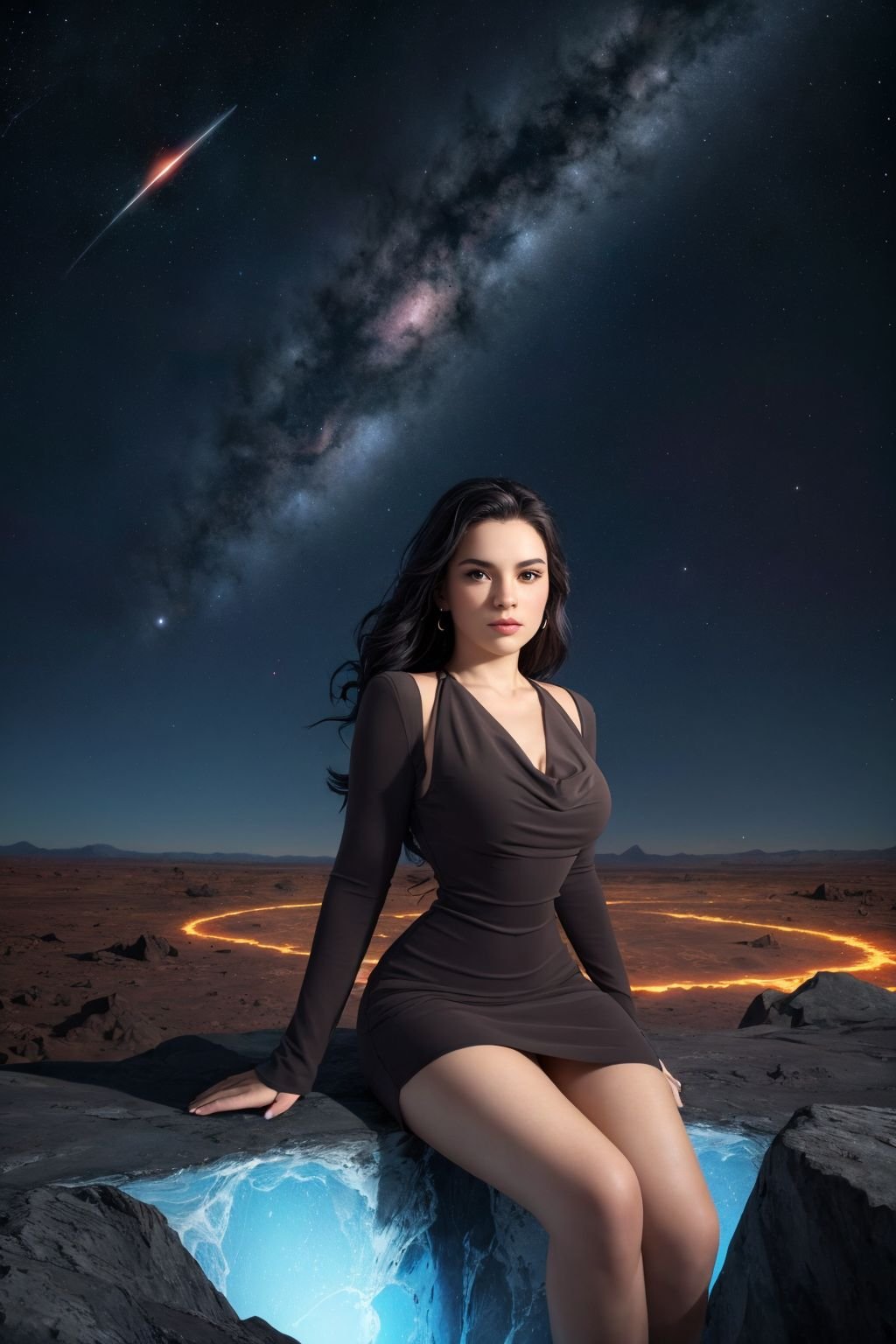 Draw a young programmer, sitting on a research platform floating in the middle of an asteroid belt. she is studying with a notebook, surrounded by several asteroids glowing with fiery auras. Dramatic lighting from distant stars and planets illuminates the scene, casting deep shadows on the suit. The young woman looks confident and determined, looking at the vast and mysterious universe with wonder and respect,facial hair, cowboy shot, rayen dress, short dress, long sleeves, cleavage, <lora:LR12_10xRayenDress49_Animerge_v1-000007:0.8>