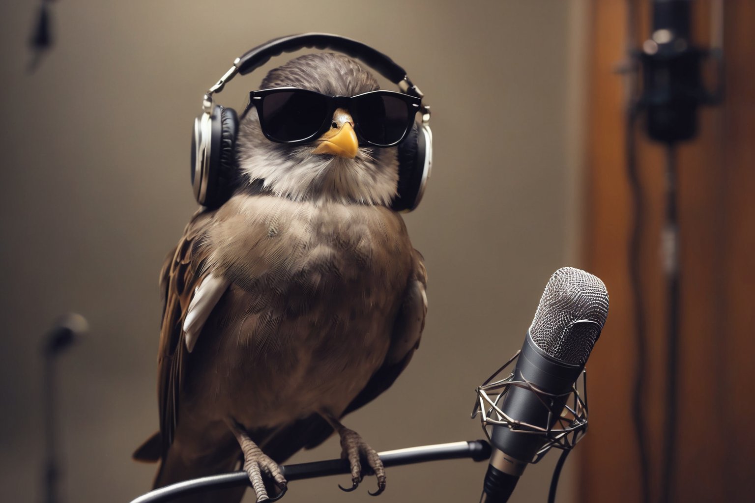 "A photograph of a bird wearing sunglasses and headphones and speaking into a high-end microphone in a recording studio.