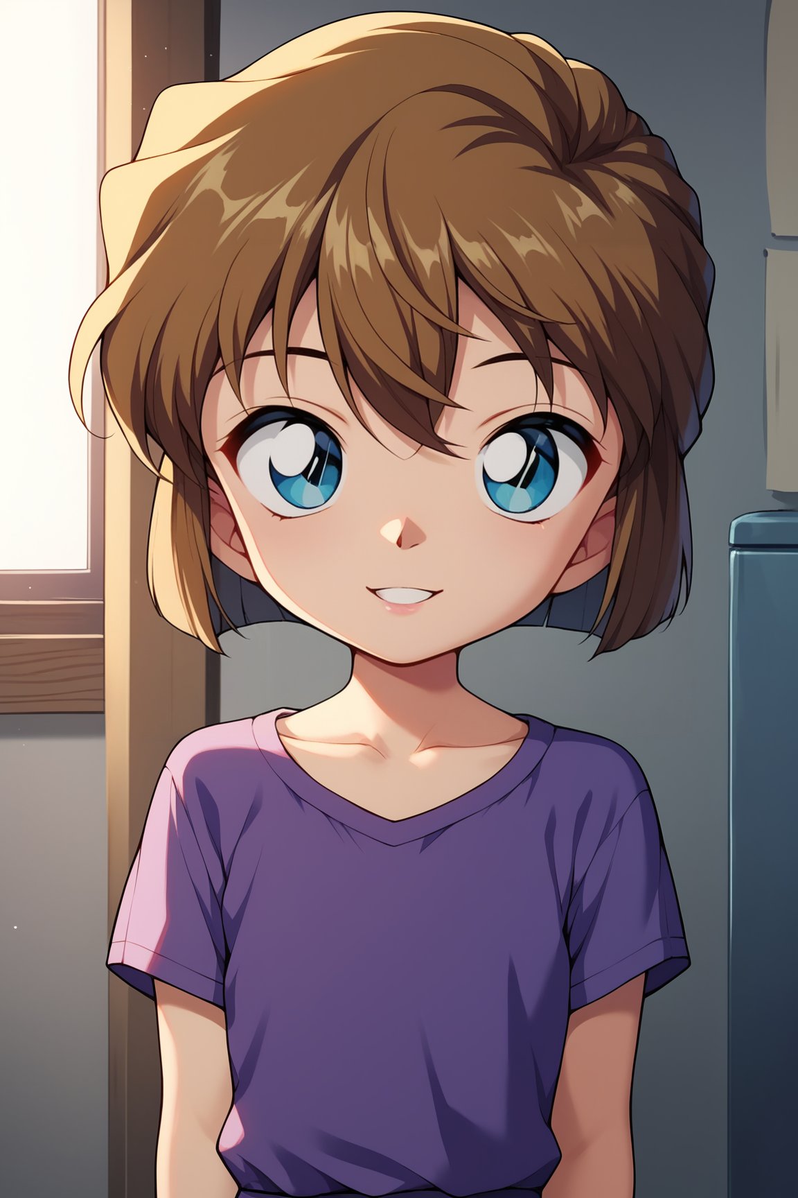 score_9, score_8_up, score_7_up, score_6_up, score_5_up, score_4_up, AiHaibaraDCXL, child, retro artstyle, big eyes, blue eyes, brown hair, hair between eyes, short hair, flat chest, collarbone, purple shirt, short sleeves, solo, front view, (portrait, upper body), solo focus, seductive smile, looking at viewer, indoors <lora:AiHaibaraDCXL:0.8>