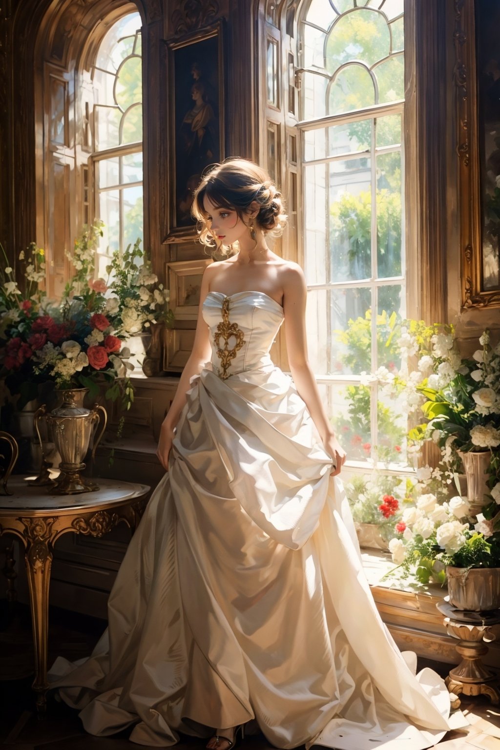 Rococo style，bare shoulders，strapless dress，sunbeam，sunlight， <lora:绪儿-洛可可油画风 Rococo style:0.8>