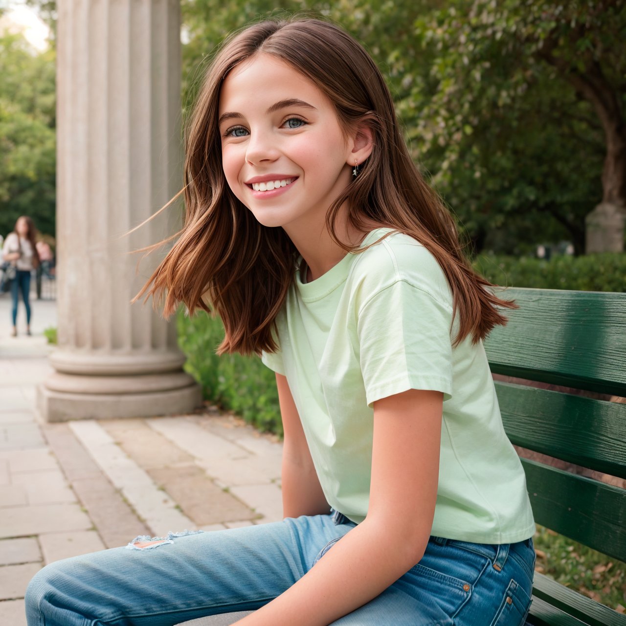 (masterpiece:1.3), wallpaper, view from below, full body portrait of smiling (AIDA_LoRA_arusso:1.1) <lora:AIDA_LoRA_arusso:0.78> wearing a simple green t-shirt and jeans sitting on the bench in the park, little girl, pretty face, naughty, funny, happy, playful, intimate, flirting with camera, dramatic, hyper realistic, studio photo, kkw-ph1, (colorful:1.1)