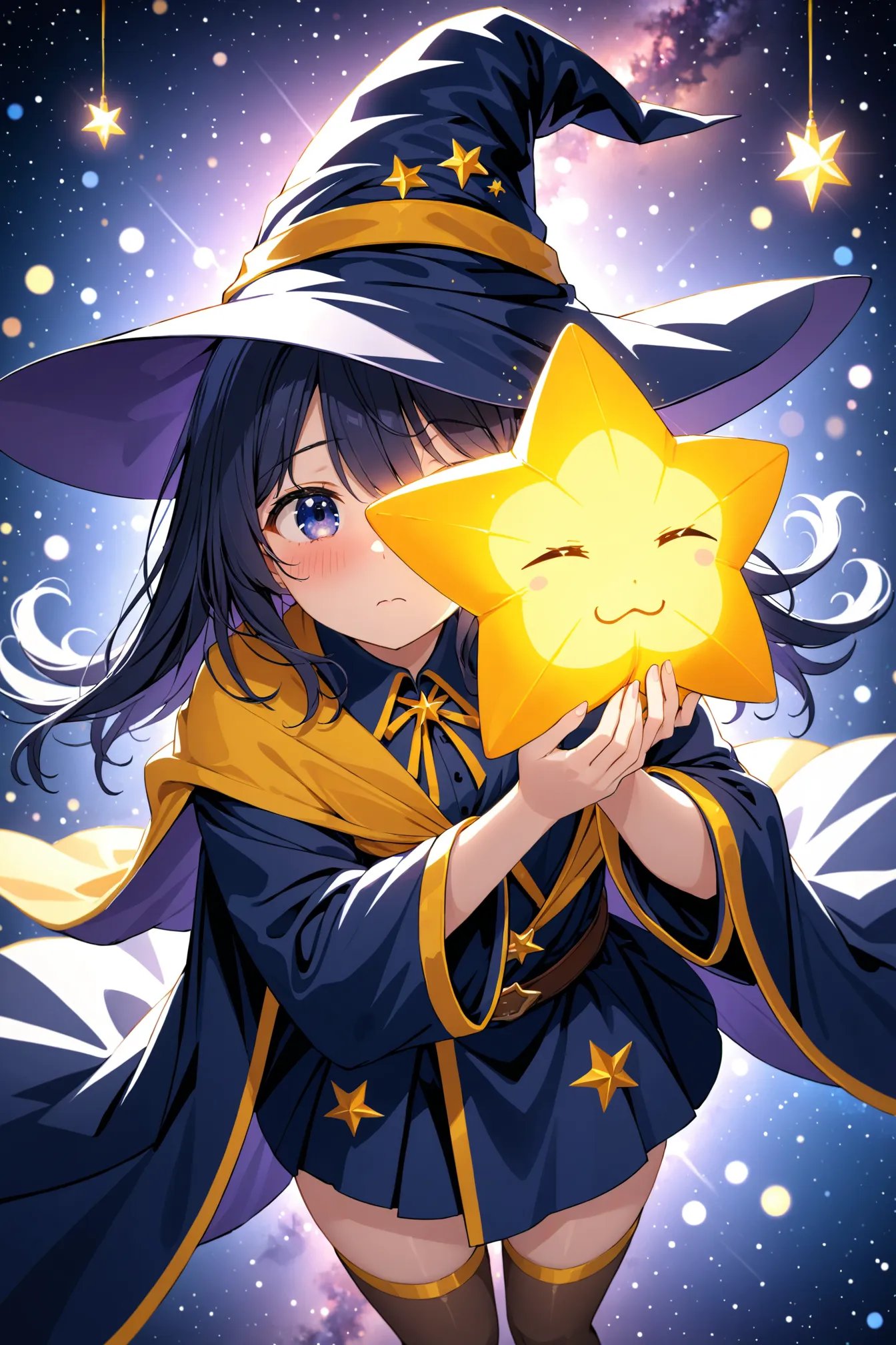 1girl, solo, wizard hat, robe, thighhighs, hugging glowing star, peeking, embarrassed, close-up face, from above, flying, floating, stars, galaxy background, light particles, bokeh, depth of field, masterpiece, best quality, very aesthetic