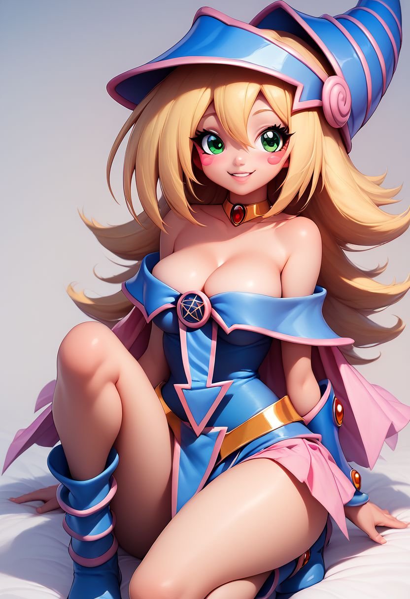 score_9, score_8_up, score_8, medium breasts, (curvy), eyelashes, smile, dark magician girl, blonde hair, choker, green eyes, long hair, blush, blush stickers,bare shoulders, blue footwear, blush, blush stickers, cleavage, collarbone, duel monster, hat, off shoulder, pentacle, wizard hat,