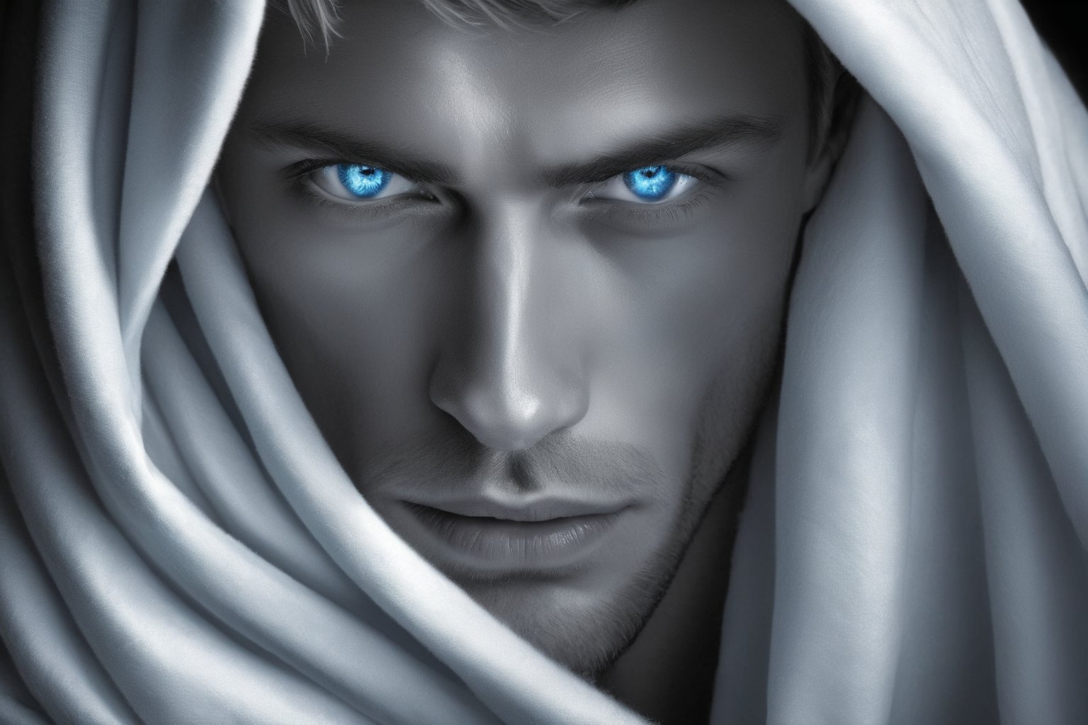 Surreal Full color, Up close, extreme macro, blue eyes are depicted in a white blanket, in the style of igor zenin, one of the most muscular young fitness model, smooth and shiny, dau al set, black and white imagery, # myportfolio, use of fabric, silver and azure by artgerm, Milo manara, Norman Rockwell and mcbess