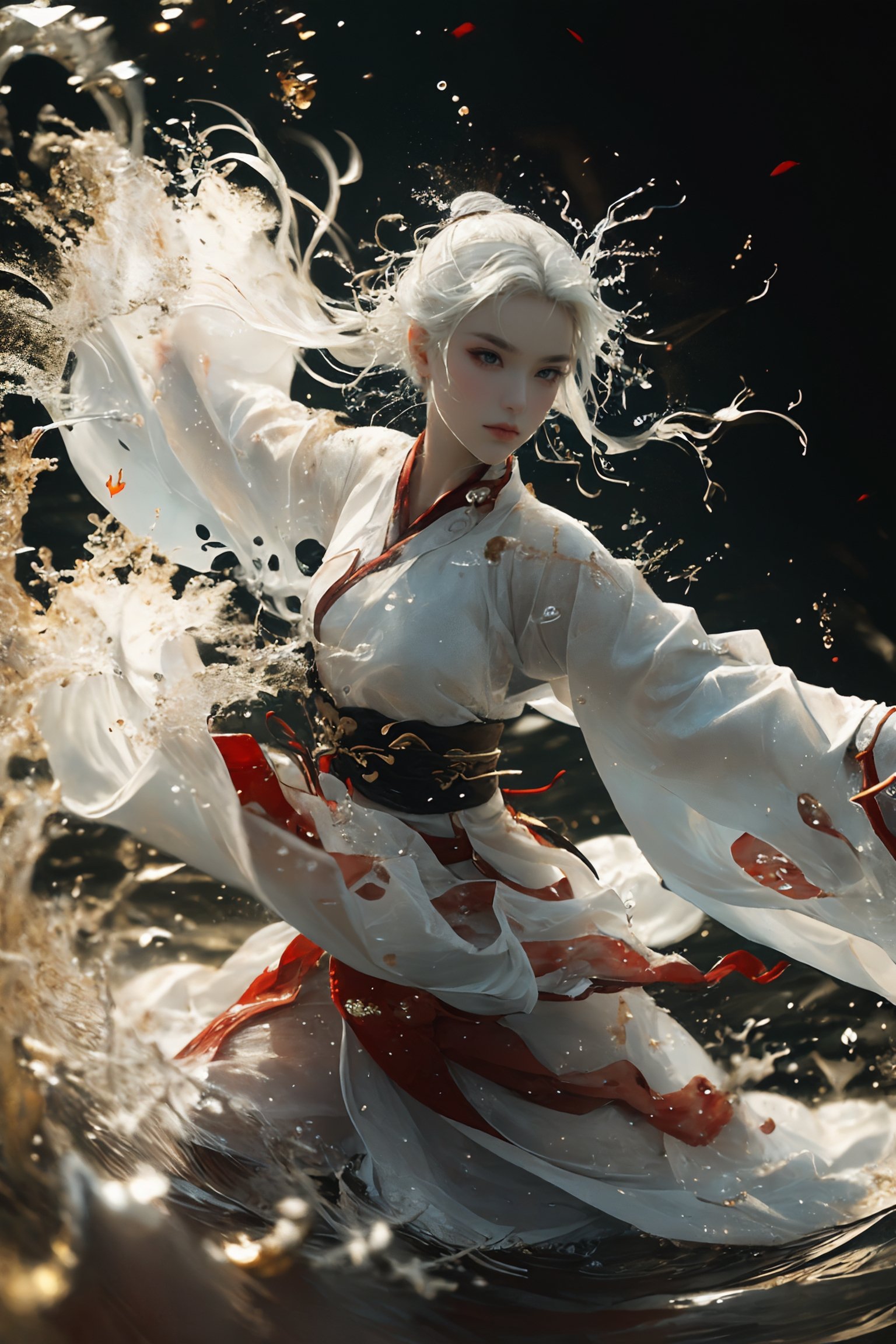 ultra high resolution, ((masterpiece))), (((best quality))), ((super detailed)),  ((extremely delicate and beautiful)),cinematic light, detailed environment，(real), motion blur, depth of field, Black background，1 girl,solo, (white hair:1.2), (dark red and light gold hanfu:1.2), wide sleeves,wide sleeves, outstretched arms, fighting stance, upper body，(splashing:1.3),<lora:绪儿-武侠V3 xuer martial arts:0.8>