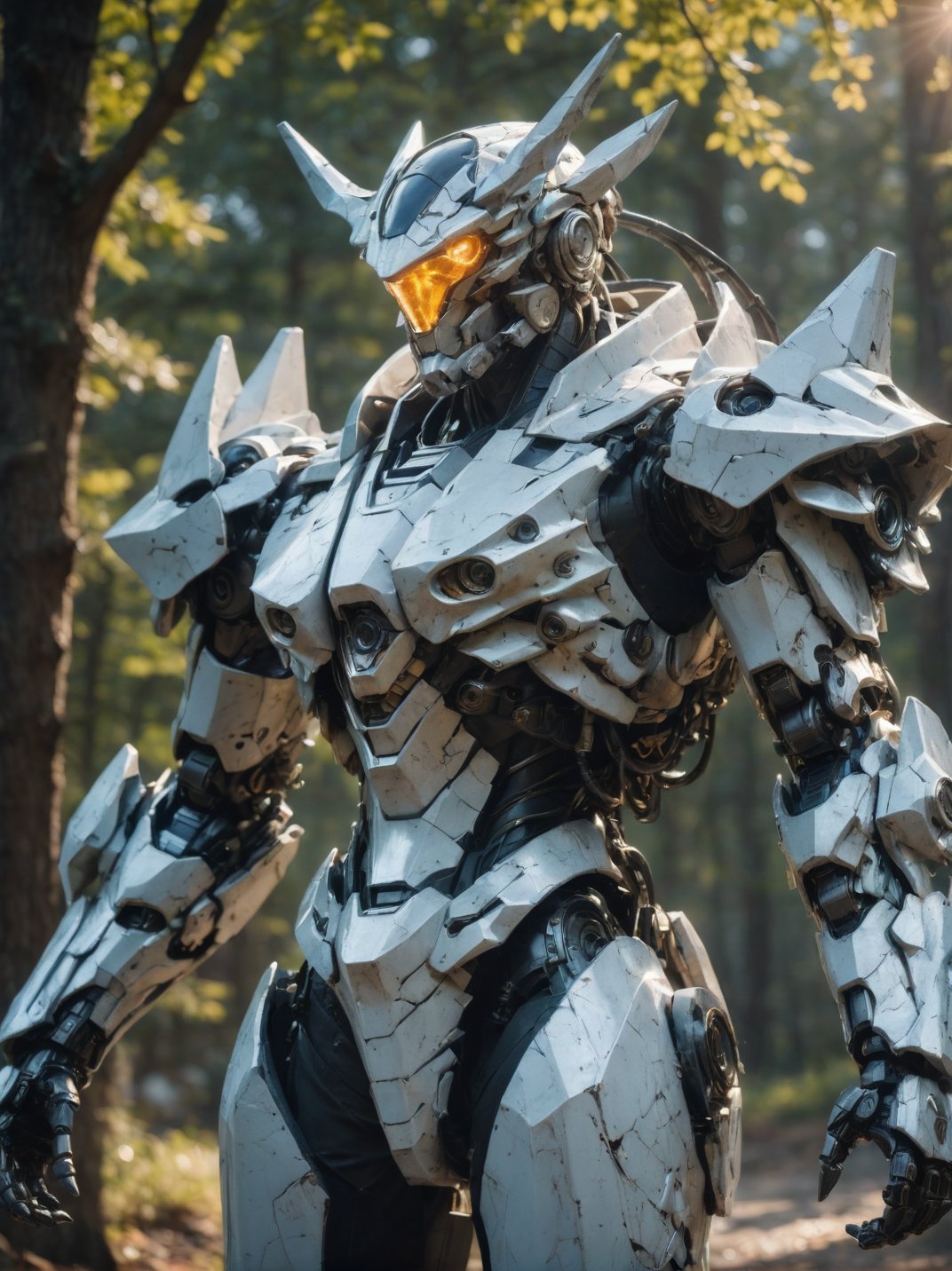 masterpiece, best quality,cinematic film still, realistic, portrait, solo, white mecha robot, cape, science fiction, torn clothes, glowing, standing, robot joints, mecha, armor, cowboy shot, (floating cape), intense sunlight, silver dragonborn, outdoors, landscape, naturehighres, 4k, 8k, intricate detail, cinematic lighting, amazing quality, wallpaper <lora:aesthetic_anime_v1s:1.1>