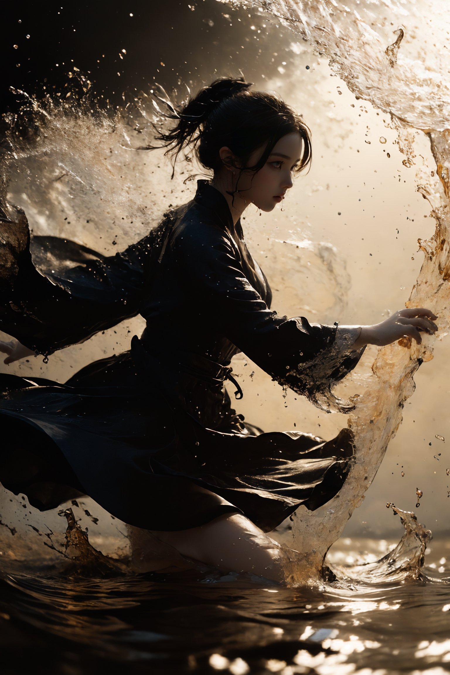 ultra high resolution, ((masterpiece))), (((best quality))), ((super detailed)),  ((extremely delicate and beautiful)),cinematic light, detailed environment，(real), motion blur, depth of field, Black background，1 girl,solo,(splashing:1.3),<lora:绪儿-武侠V3 xuer martial arts:0.8>