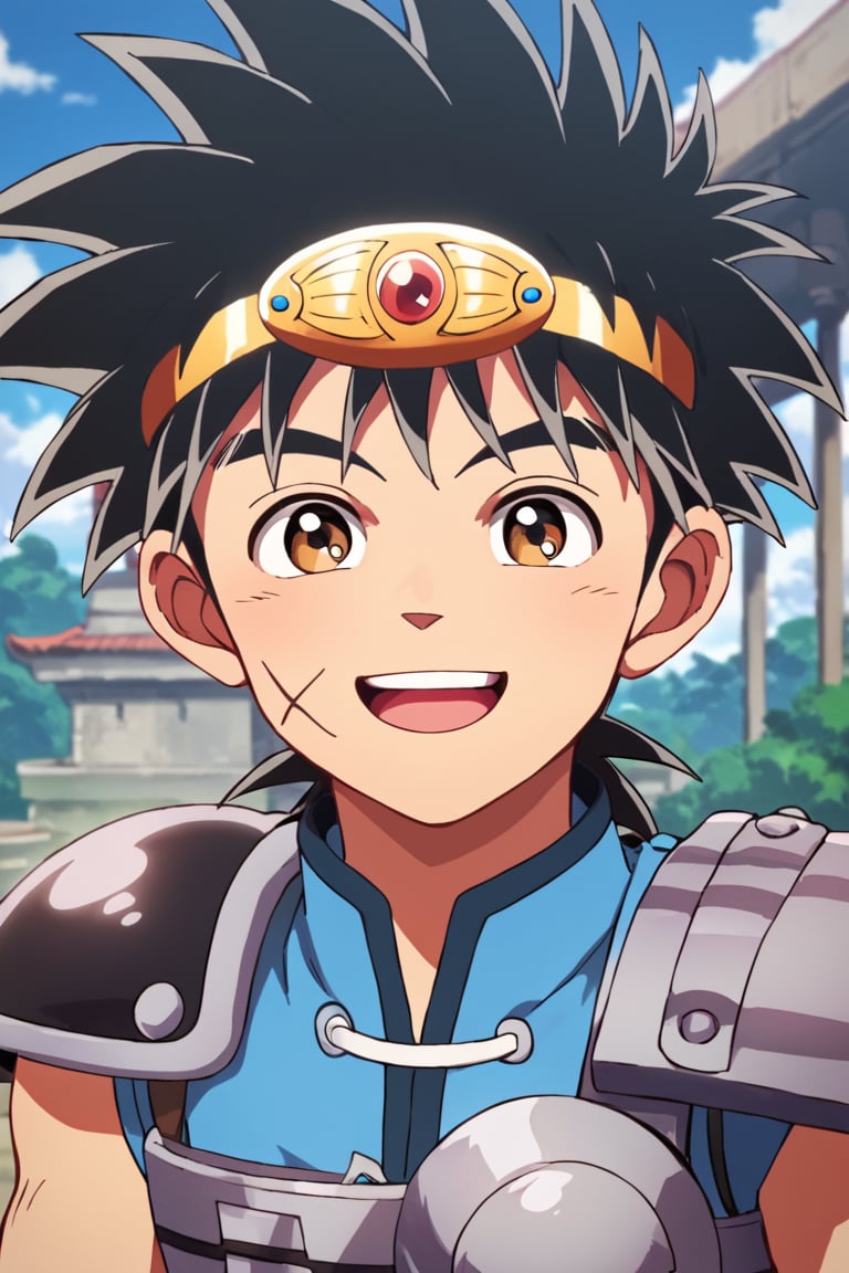 score_9,score_8_up,score_7_up,source_anime,1boy,solo,looking at viewer, Dai,black hair, brown eyes,scar, scar on face, smile, indoors,outdoors, upper body, open mouth, Blue shirt,armor,sleeveless, gem circlet, weapon on back<lora:EMS-409148-EMS:0.800000>