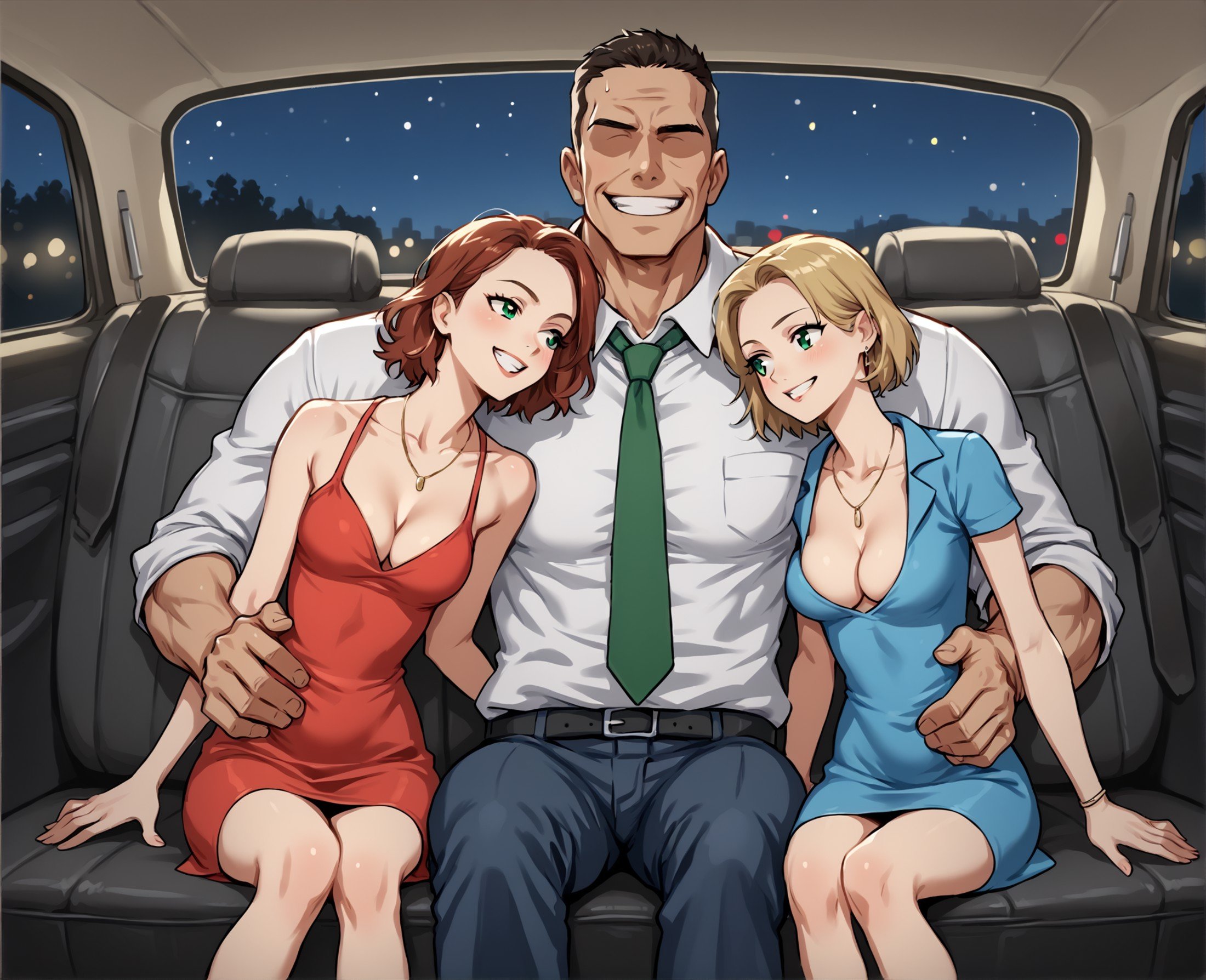 score_9, score_8_up, score_7_up, source_anime BREAK 2girls, 1boy, from front, sitting, breast press, arm around waist, breast press, dress, medium breasts, perky breasts, cleavage, car interior, hetero, faceless male, night, netorare, cheating (realationship), girl sandwich, <lora:Car_back_seat_front_view:1>, size difference, male suit, male jacket, male pants, muscular male, shirt, tie, date, male centre of image, grin, rating_questionable 