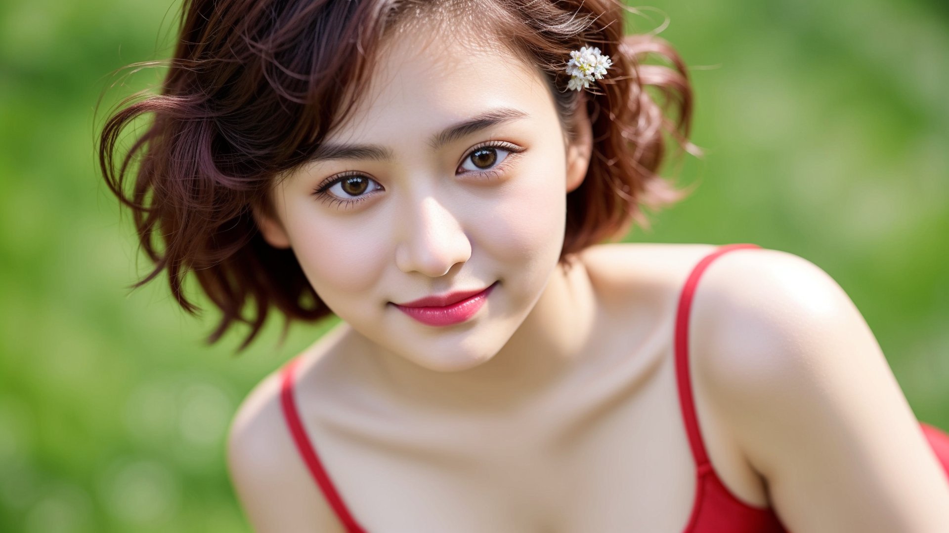 malaysian 21 years old woman,  cute face,  cute makeup,  lips,  short curly highlight hair,  corset,  (large breast:1.2),  upper body,  river,  bokeh,  curvy,  light smile,  (view from above:1.2),  (oily skin:1.2),  hair flower ornament