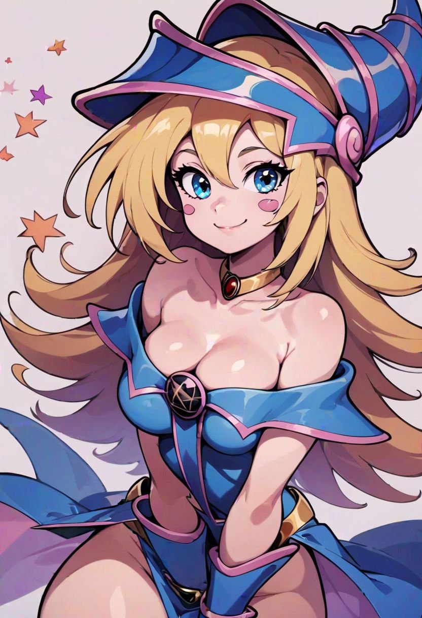 score_9, score_8_up, score_8, medium breasts, (curvy), cute, eyelashes,  dark magician girl, 1girl, solo, long hair, breasts, looking at viewer, smile, blue eyes, blonde hair, simple background, hat, dress, cleavage, bare shoulders, medium breasts, closed mouth, collarbone, choker, blush stickers, duel monster, wizard hat, pentacle