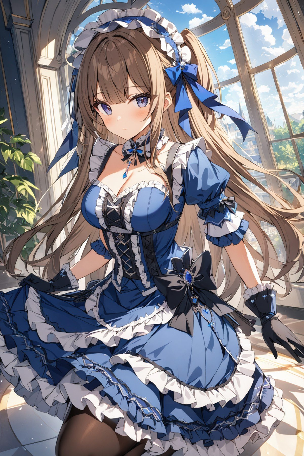 1girl,solo,long hair,blue dress,frills,pantyhose,gloves,looking at viewer,jewelry,bangs,lolita_fashion,highly detailed,best quality,absurdres,detailed,HDR,natural light,