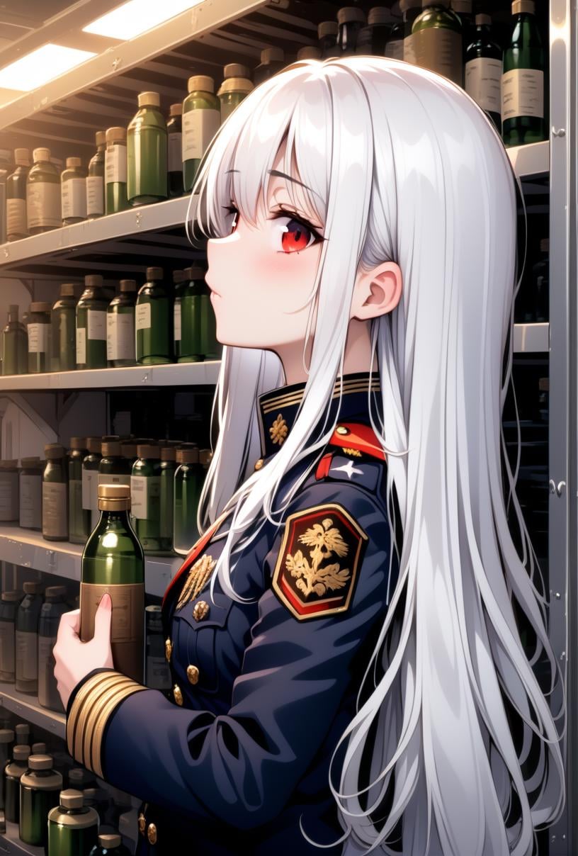 1girl, from side, long hair, red eyes, white hair, upper body, indoors, bottle, storage room, military uniform, 