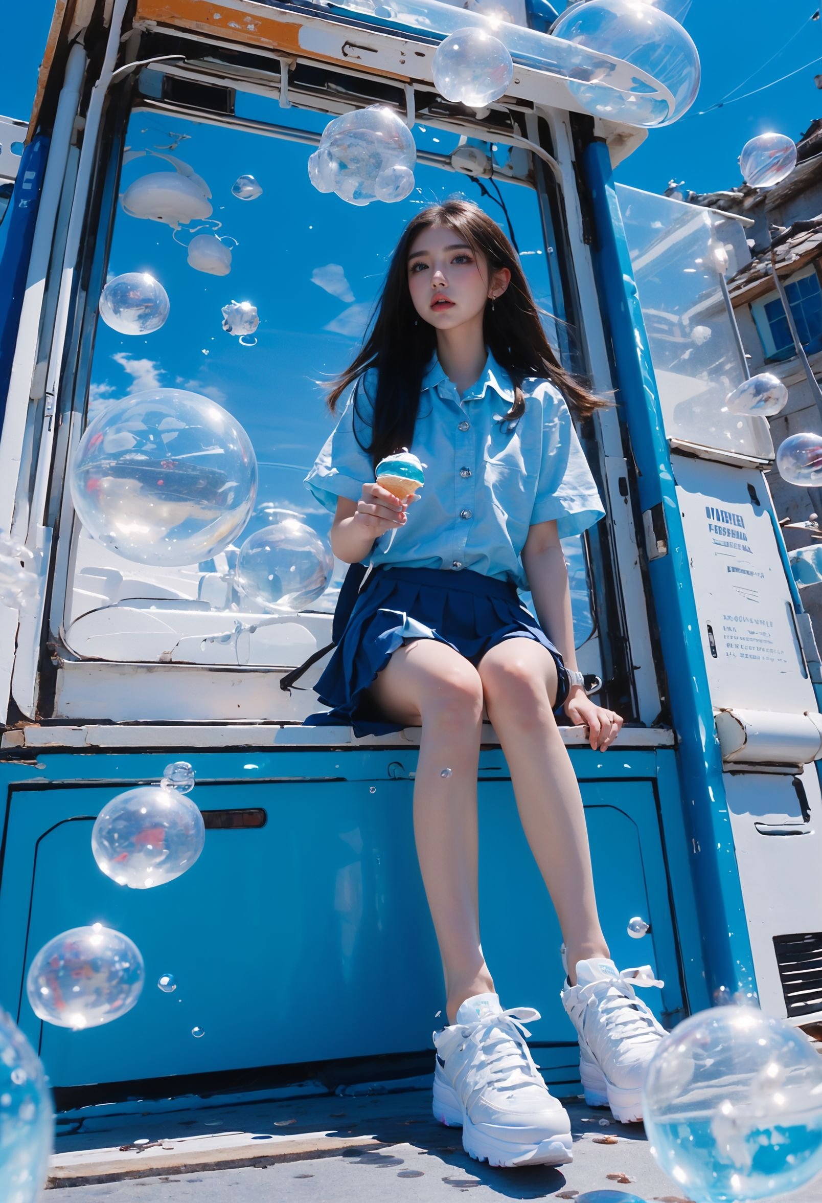 (best quality,official art,beautiful and aesthetic:1.2),(fractal art:1.2),offcial art,colorful,Colorful background,splash of color,movie perspective,advertising style,magazine cover,xuer popsicle,1girl,solo,long hair,skirt,shirt,black hair,holding,sitting,school uniform,white shirt,short sleeves,pleated skirt,outdoors,food,sky,shoes,day,collared shirt,cloud,black skirt,medium hair,water,blue sky,blue skirt,bare legs,ocean,sandals,white footwear,holding food,scenery,bubble,blue theme,water drop,ice cream,(air bubble:1.3),summer,whale,<lora:绪儿-雪糕 xuer popsicle:0.8>,