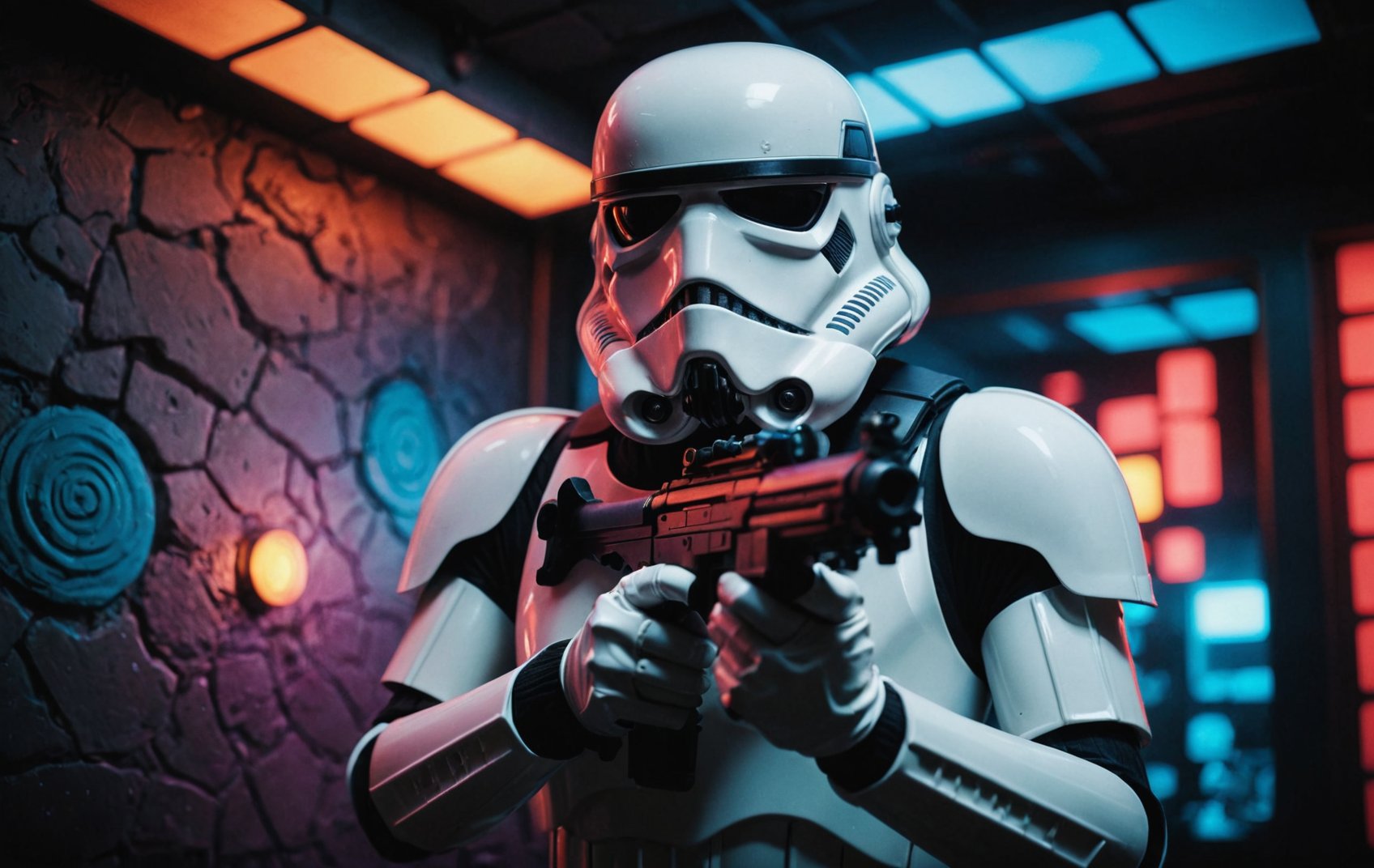 cinematic film still, Storm Trooper, colored lights, amazing quality, wallpaper, analog film grain <lora:aesthetic_anime_v1s:0.5>  <lora:add-detail-xl:1.1>