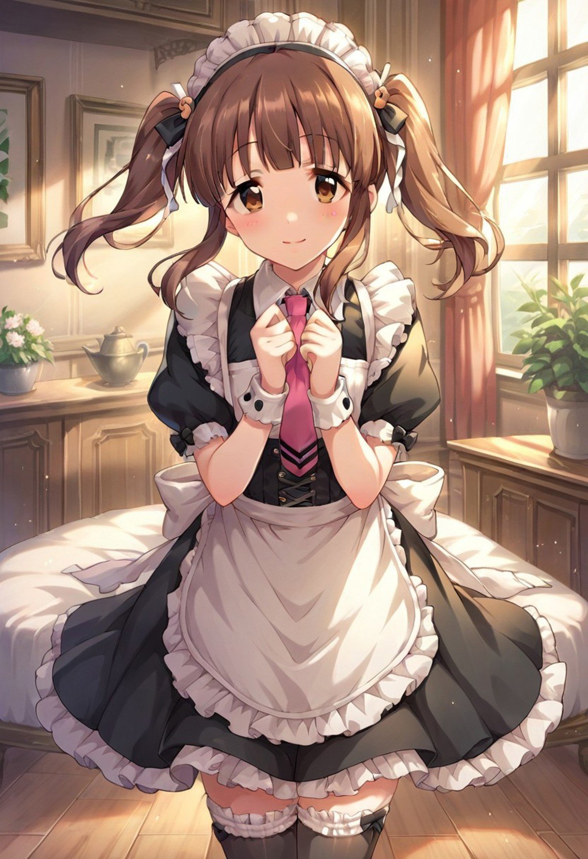 score_9, score_8_up, score_7_up, source_anime,ogata chieri, brown hair, twintails, brown eyes,1girl, solo, maid, twintails, thighhighs, maid headdress, necktie, blush, apron, smile