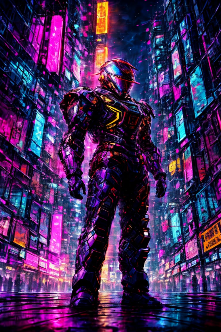 anime gestural abstraction, brushstroke artwork of a futuristic cityscape with neon-lit skyscrapers and holographic advertisements, featuring a dynamic solo shot of a young man in high-tech tachwear mecha helmet and multicolored mane, highlighted by cool, blue light on his piercing eyes and chiseled features, in an empowering pose amidst the steel and concrete jungle, inspired by artists like Jackson Pollock and Franz Kline, Low Angle Shot, with cooler tones for the holographic advertisements, dystopian cyberpunk<lora:EMS-385092-EMS:0.700000>, <lora:EMS-50097-EMS:0.800000>, <lora:EMS-179-EMS:0.800000>