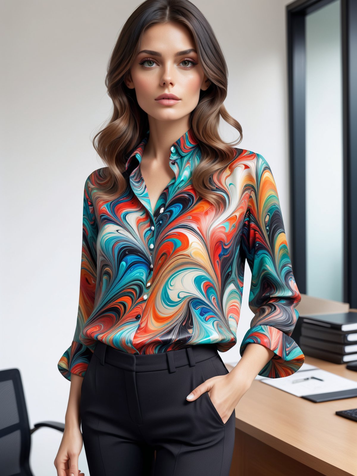 woman wearing a mad-marbled-paper blouse and black capris, office <lora:Colorful_Marbled_Paper_SDXL:0.6>, (masterpiece:1.2), best quality