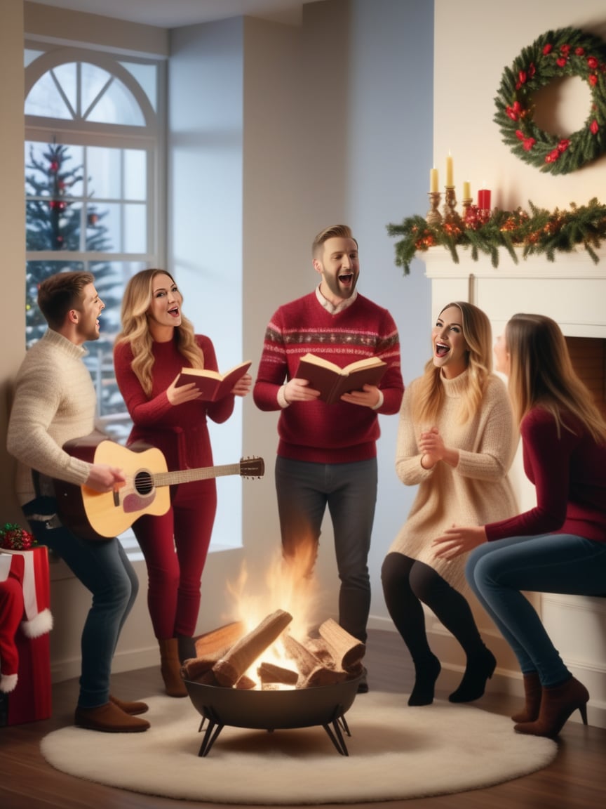 A group of friends gather around a fireplace, singing Christmas carols., realistic, best quality