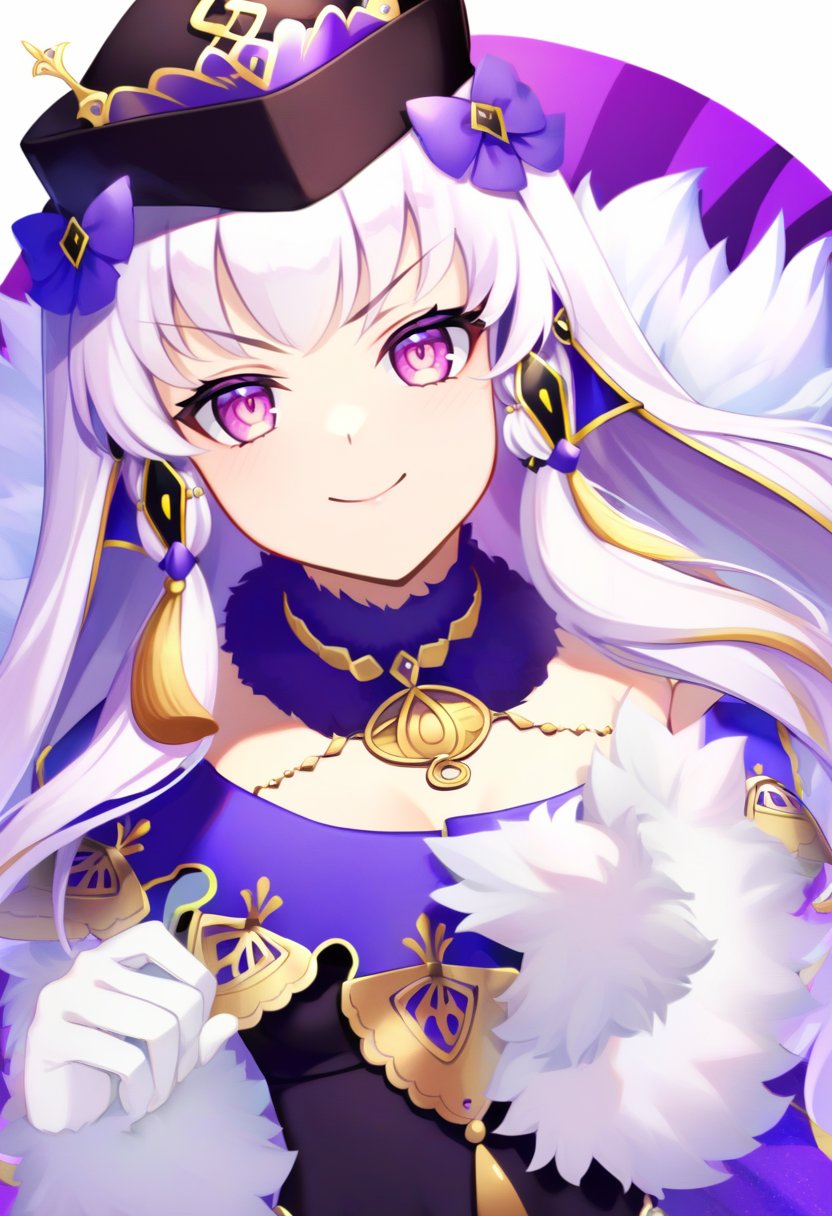 solo, 1girl, lysitheabrave, smile, looking at viewer, hair ornament, hat, v-shaped eyebrows, dress, fur trim, white gloves <lora:fireemblem_ordelia_xl-000005:1>