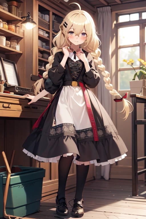 swedish dress, blonde hair, hair between eyes, hairclip, blush, closed mouth, full body, ahoge, long hair, shoes, twin braids, <lora:f99dcb7d-ffba-443f-9d6e-42c44f006392:0.7>