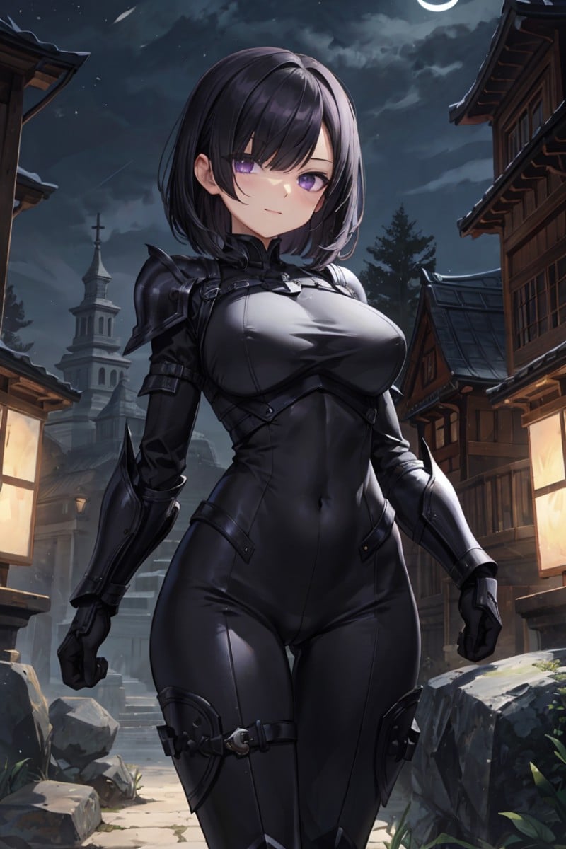 highres, official art, cinematic darkness, smug woman, large breasts, wide hips, short black hair with sideswept bangs, hair over one eye, violet eyes, skintight bodysuit, armored gauntlets and greaves, overgrown stone temple, (night)+