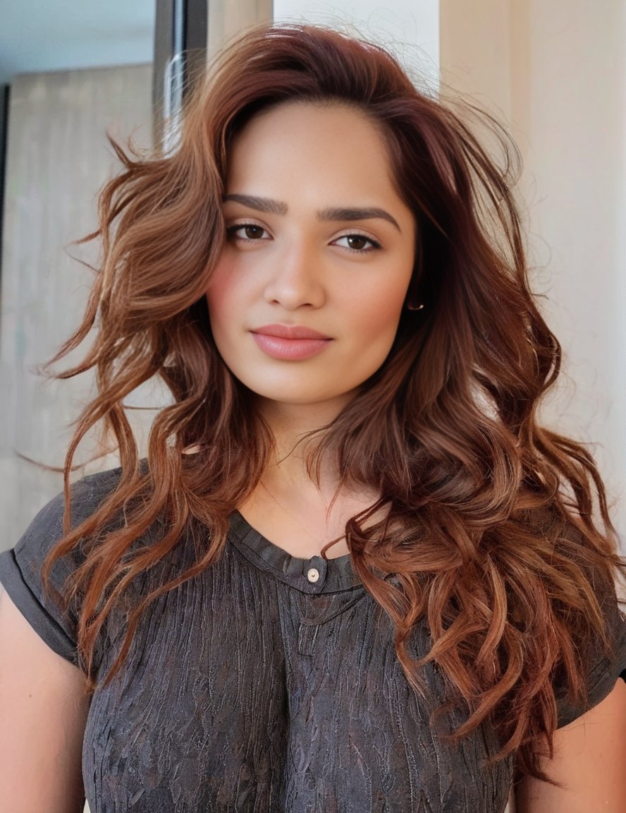 AditiMistry,<lora:AditiMistrySDXL:1>An image of a young woman with shoulder-length tousled auburn hair. She has a serene expression and is wearing a charcoal grey, textured shirt with a dotted pattern and chest pockets. The shirt has copper-toned buttons, partially undone. The background is blurred to keep the focus on her and her attire, capturing a relaxed and informal vibe in a close-up shot with warm lighting that highlights the richness of her hair color.