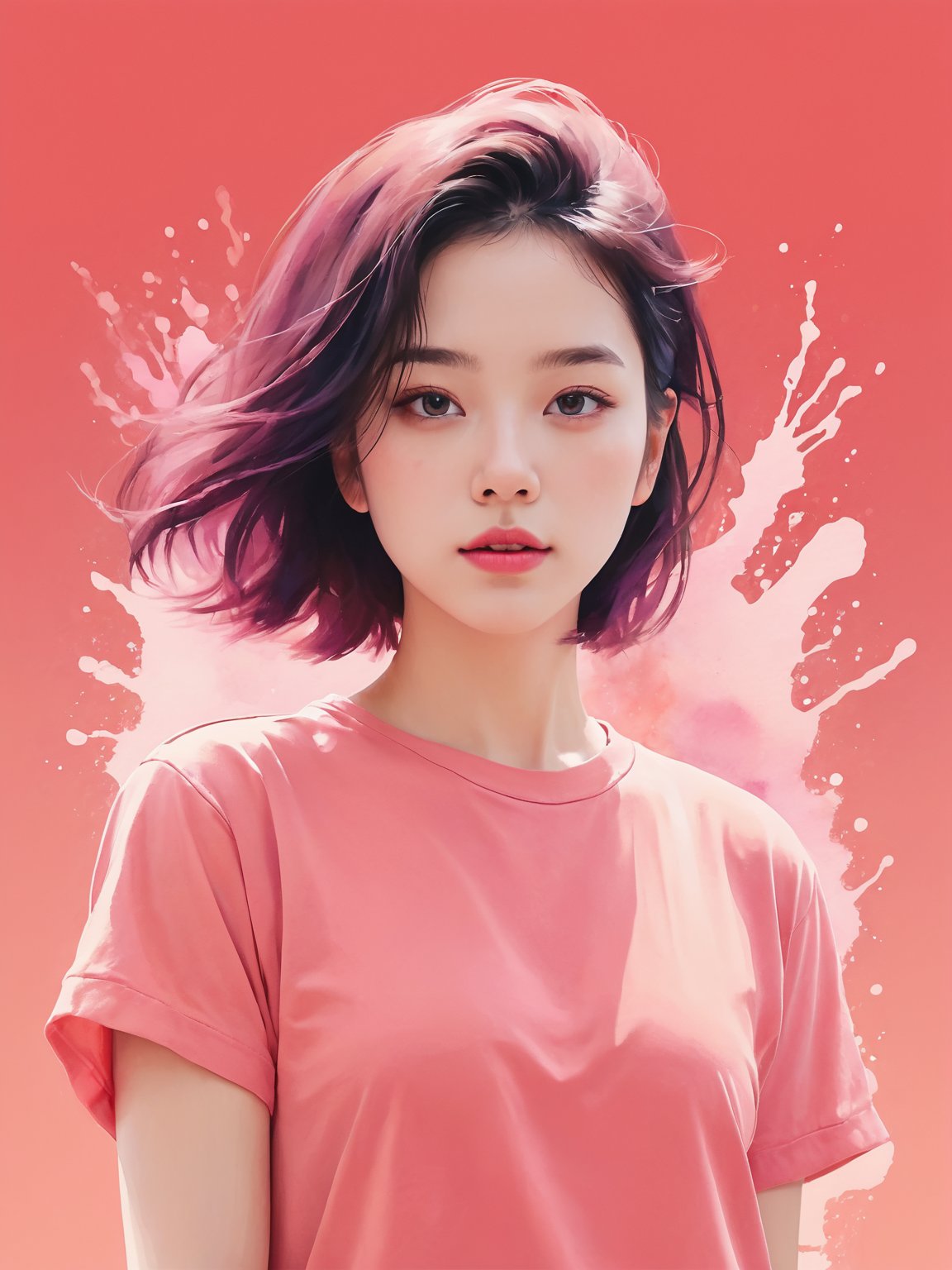 (Masterpiece:1),(highest quality:1.12),a girl,cover art,shirt,(coral:1.1),portrait,magenta background,coral splash,sy3,SMM,watercolor style,minimalist style,