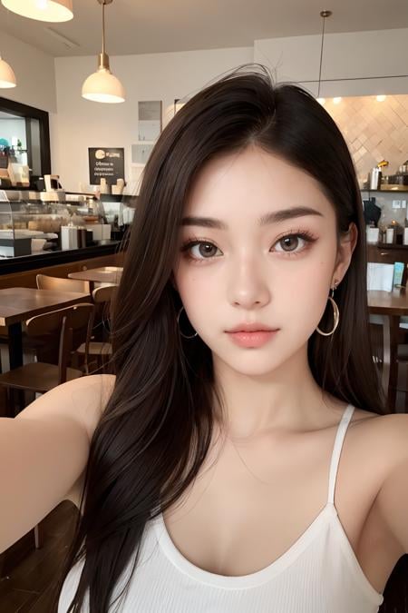 real human skin,Photo of a 20 year old brunette woman, that has a very natural face, thin lips, thin eyes, thin eyebrows, thin nose, earrings, long eyelashes. She makes a cute selfie in a cafe, <lora:GoodHands-beta2:1>, realistic,