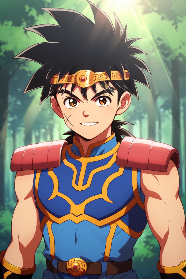 score_9,score_8_up,score_7_up,source_anime,1boy,solo,looking at viewer, Dai,black hair, brown eyes,scar, scar on face, smile, Blue clothes,shoulder armor,belt,wristband, outdoors, upper body, forest, light rays<lora:EMS-409148-EMS:0.800000>