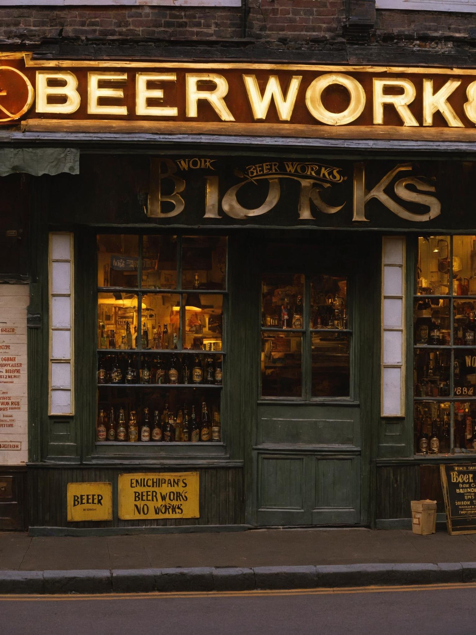 a store front with a sign that says beer works , outdoors, english text, no humans, window, night, building, scenery, sign, door, road, street, shop ,scene from a B-Western    movie , cinematic , Terry Zwigoff, Greig Fraser , <lora:Movie_aesthetic_XL:1>