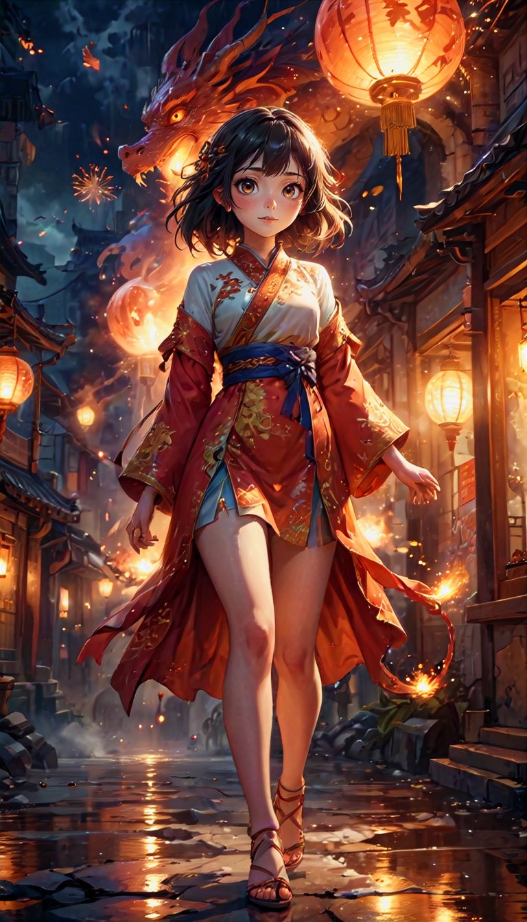 a cute korean large-eyed girl, slight smile, long wavy hair, bangs, fairytale realistic digital art, photoreal, realistic, dark atmosphere texture, moist oil painting, ink and wash painting, double drops, bare legs, festive mood, Dragon, Lantern, Oriental Architecture, Munsan, Fireworks, octane rendering, ray tracing, 3d rendering, surrealistic and fantastic dreamy landscapes, provocative pose, dynamic pose, beautiful legs, sfumato, surrealism, cinematic, masterpiece, combines fantasy and reality, fairytale elements, smooth, Strong and contrasting colors, vivid colors, rich colors, combination of various colors and shades, highly details, best Quality, Tyndall effect, good composition, free composition, spatial effects, lively and deep art, warm soft light, three-dimensional lighting, volume lighting, back lighting hair, Film light, dynamic lighting